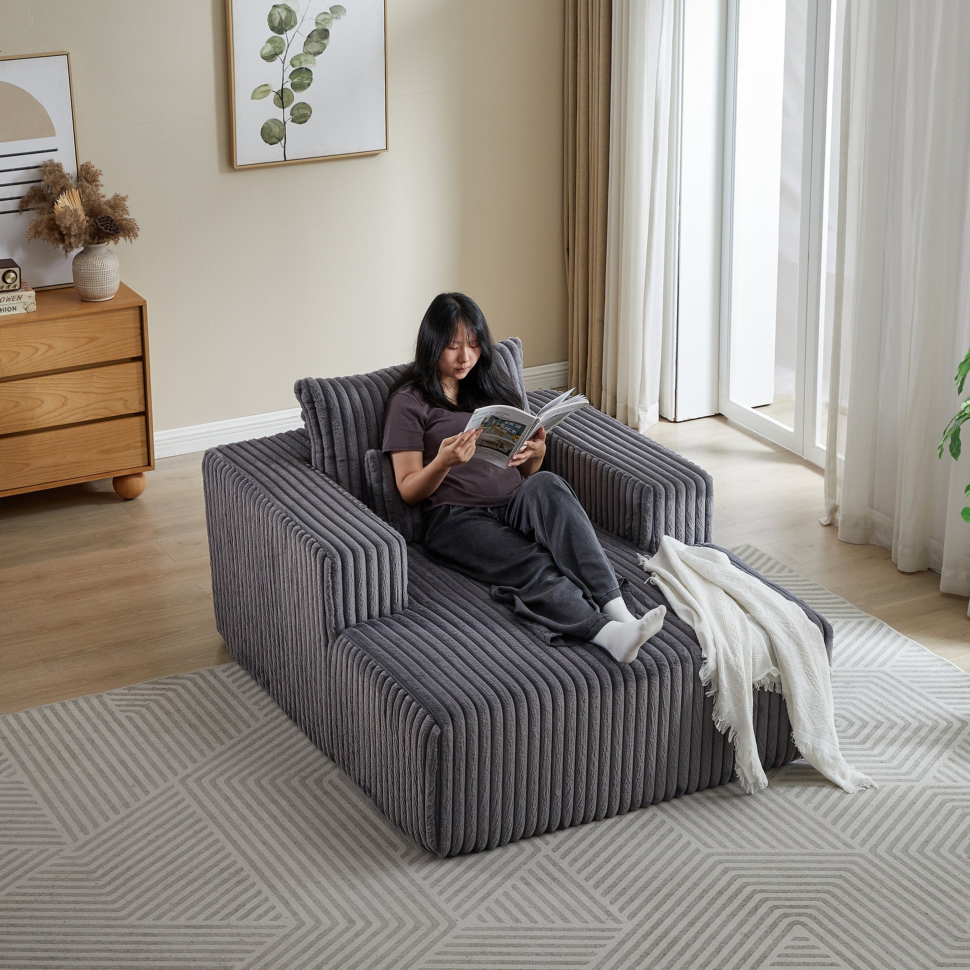 62.5 Inch Corduroy Sponge Sofa Lounge Chair,No Assembly Required,Fluffy Modern Sleeper Chair For Indoor Living Room Bedroom Grey Foam Corduroy 1 Seat