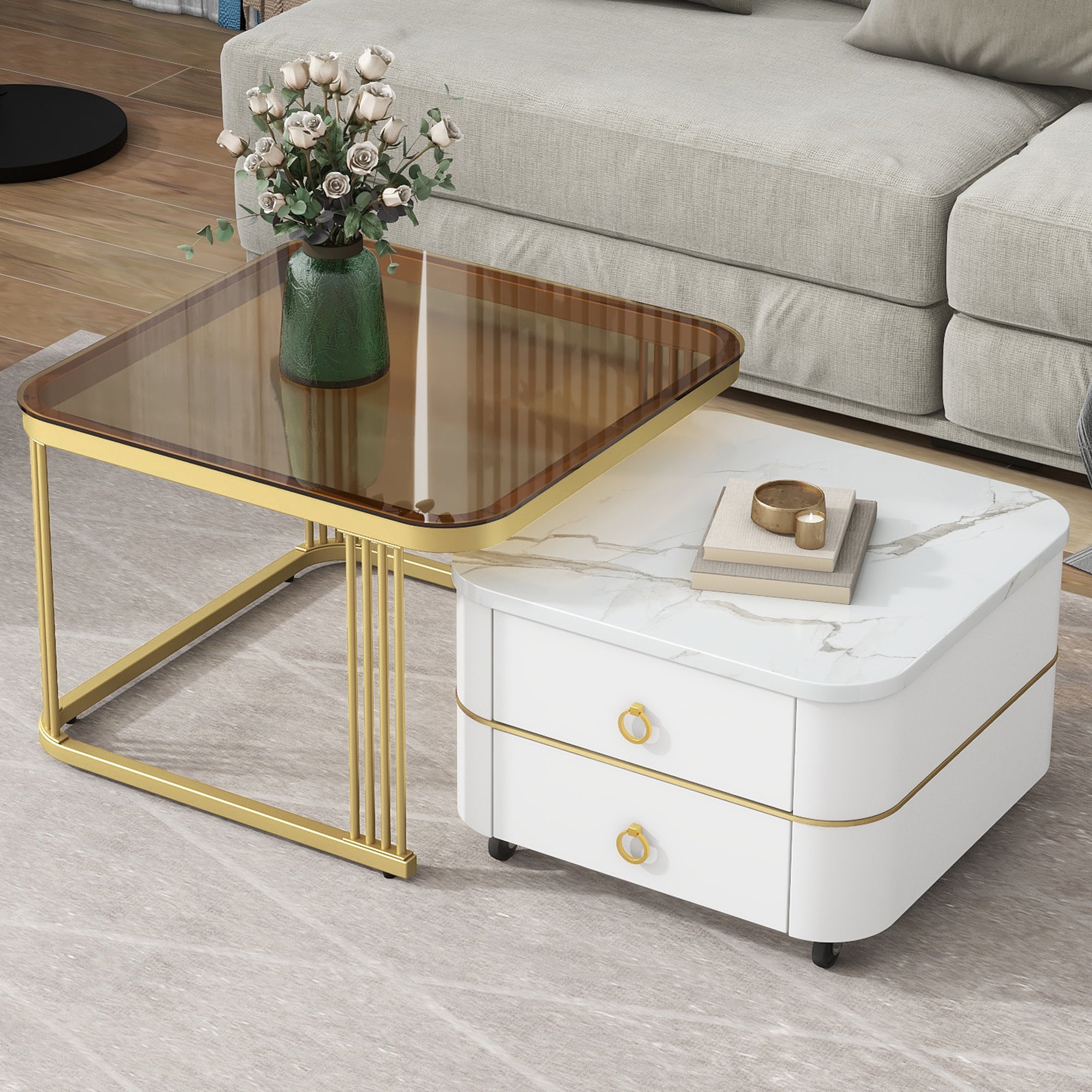 2 In 1 Square Nesting Coffee Table With Wheels & Drawers, Stackable Side Table With High Gloss Marble Grain Top, End Table Set With Brown Tempered Glass For Living Room, White White Gold Primary Living Space Drawers Square Mdf Steel