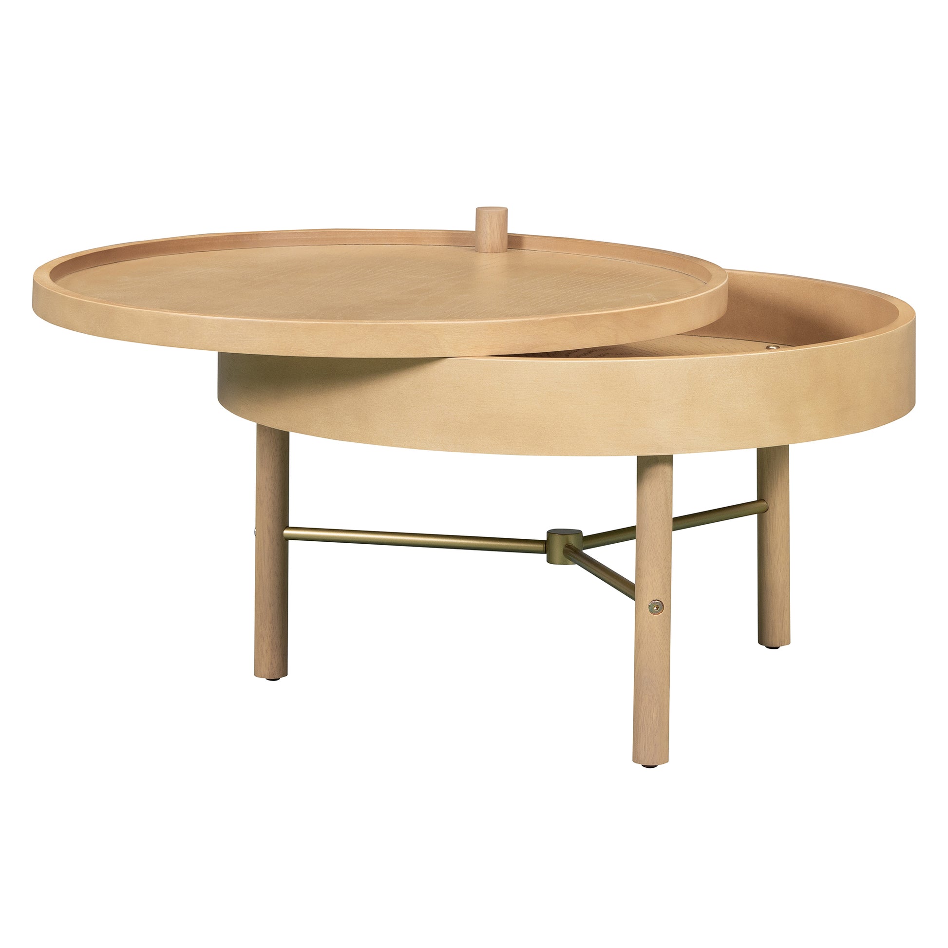 Modern Round Wood Rotating Tray Coffee Table With Storage & Metal Legs In Natural Natural Metal,Rubber Wood