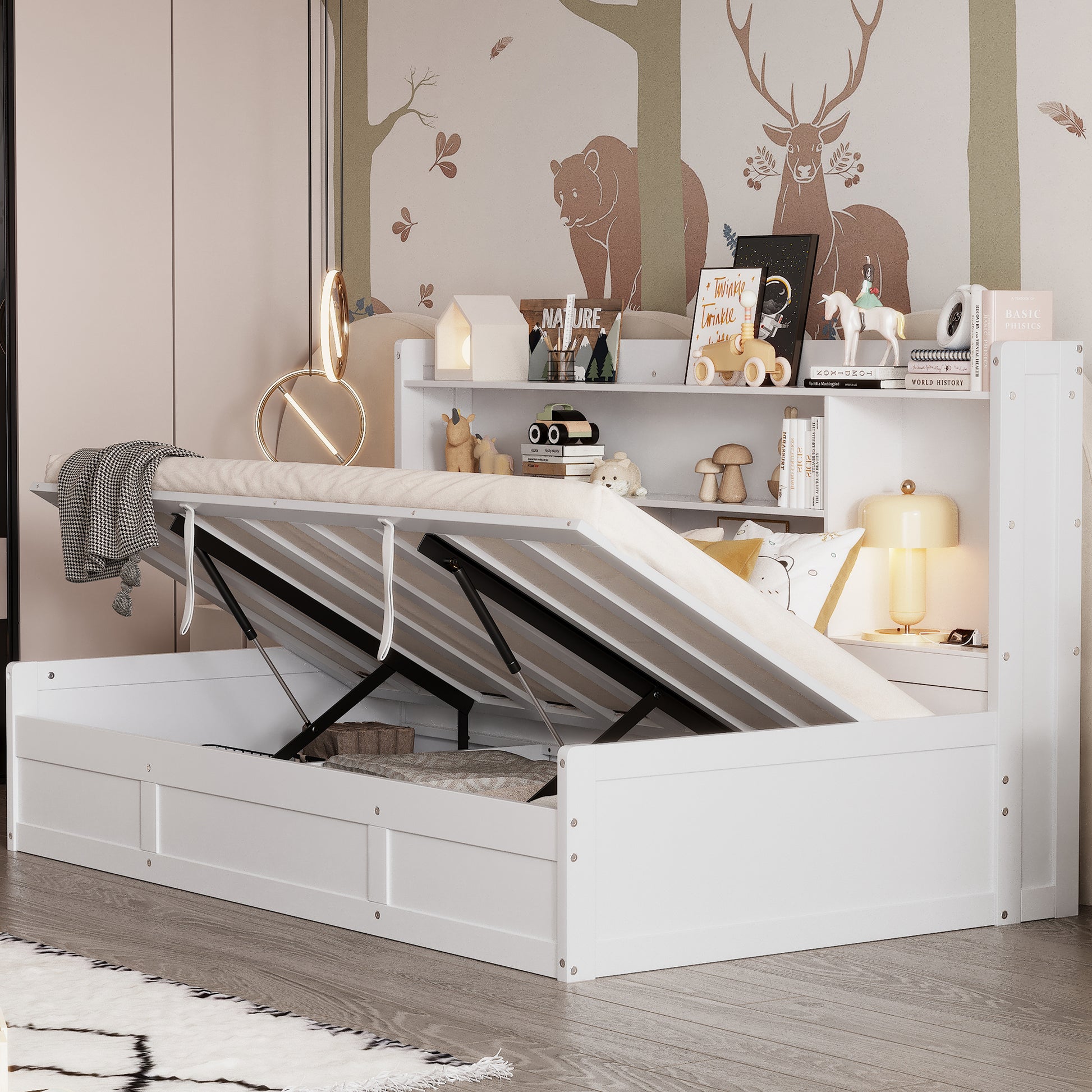 Twin Size Daybed Frame With Storage Bookcases And Underneath Storage, Usb Charging Station, White Twin White Solid Wood Mdf