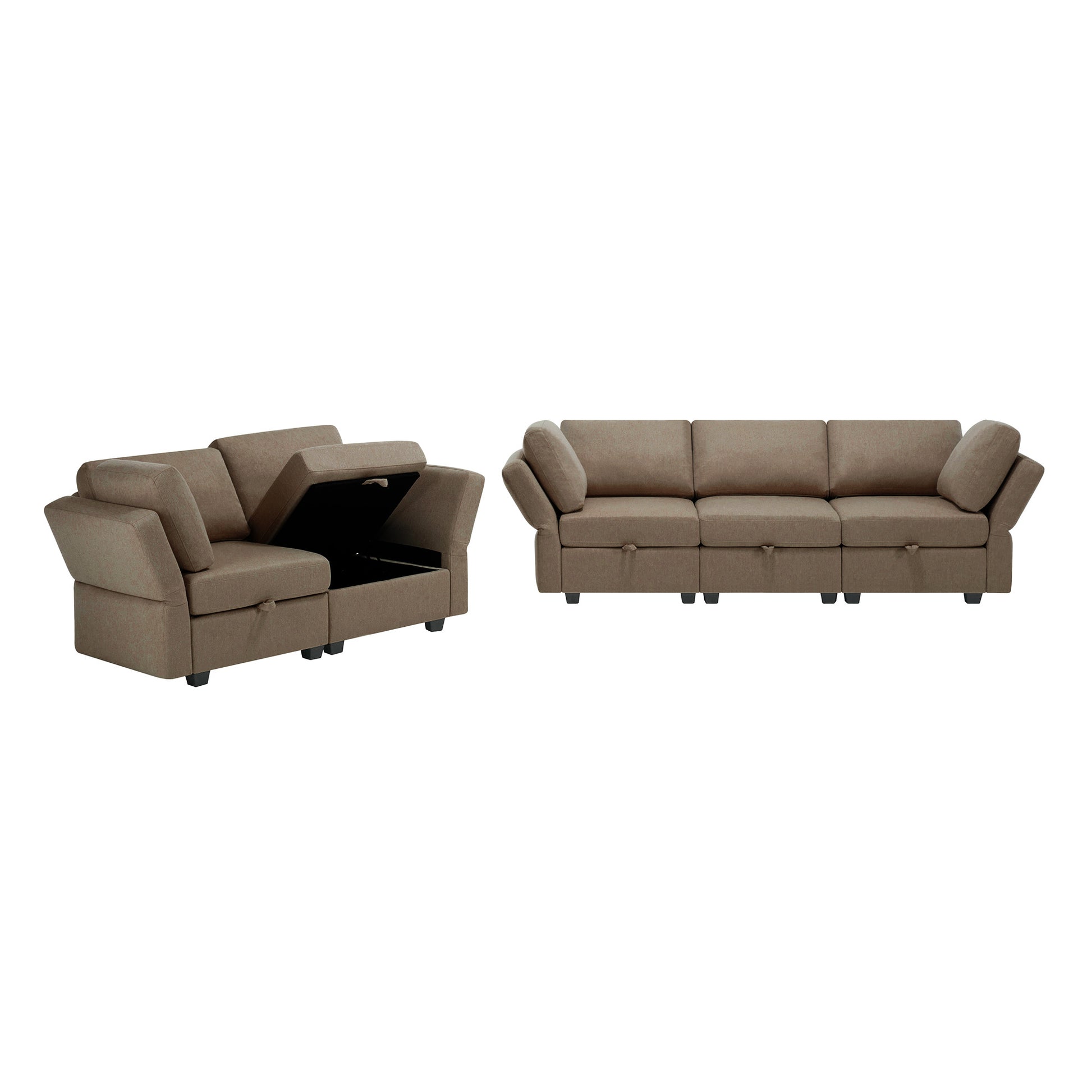 Living Room Sofa Set With 3 Seat Couch And 2 Seat Loveseat, Hidden Storage Under Seat, Soft Back Cushions And Arm Cushionsadjustable Arms And Backs Brown Brown Polyester 5 Seat
