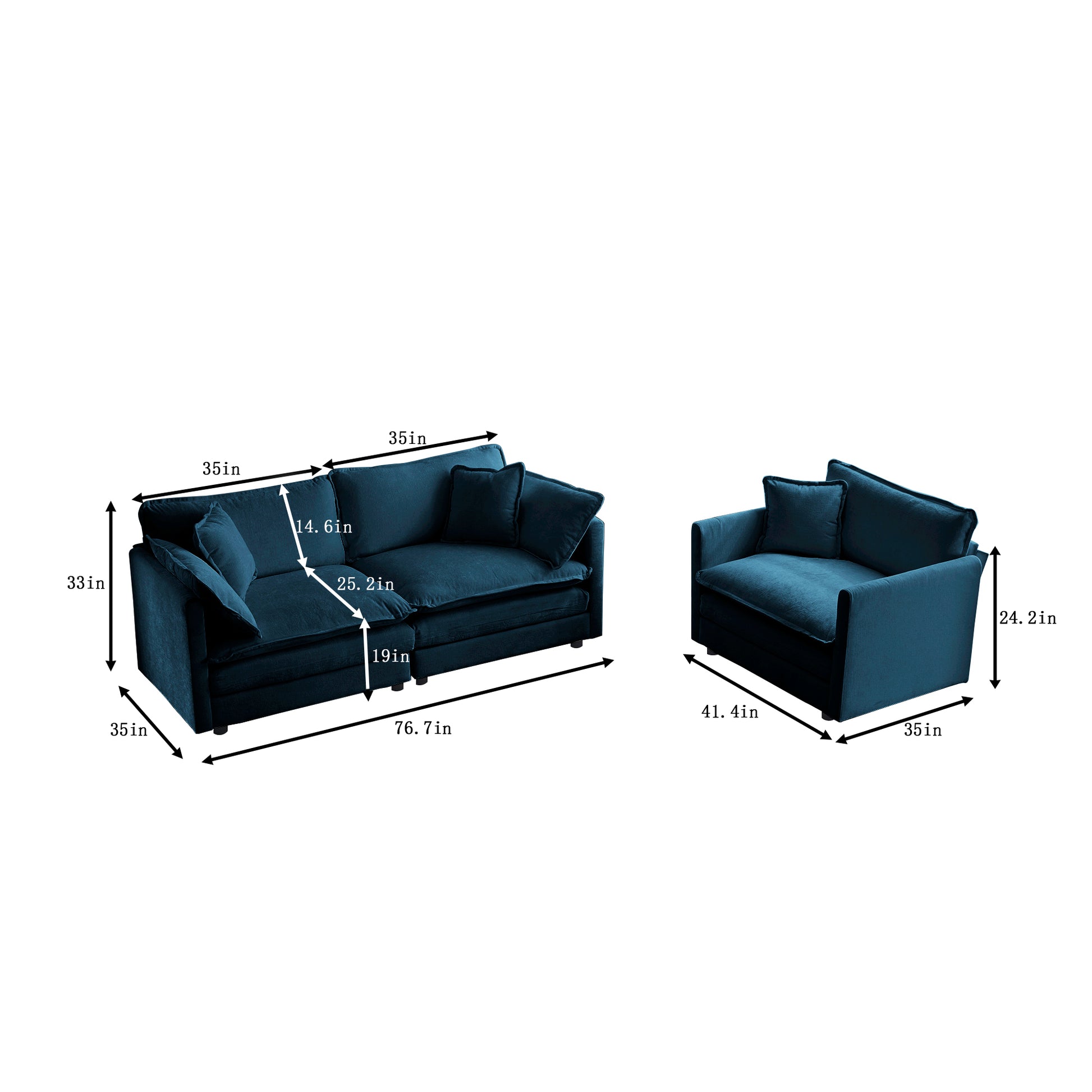 2 Seater Loveseat And Chair Set, 2 Piece Sofa & Chair Set, Loveseat And Accent Chair2 Piece Upholstered Chenille Sofa Living Room Couch Furniture 1 2 Seat ,Blue Chenille Blue Chenille 3 Seat