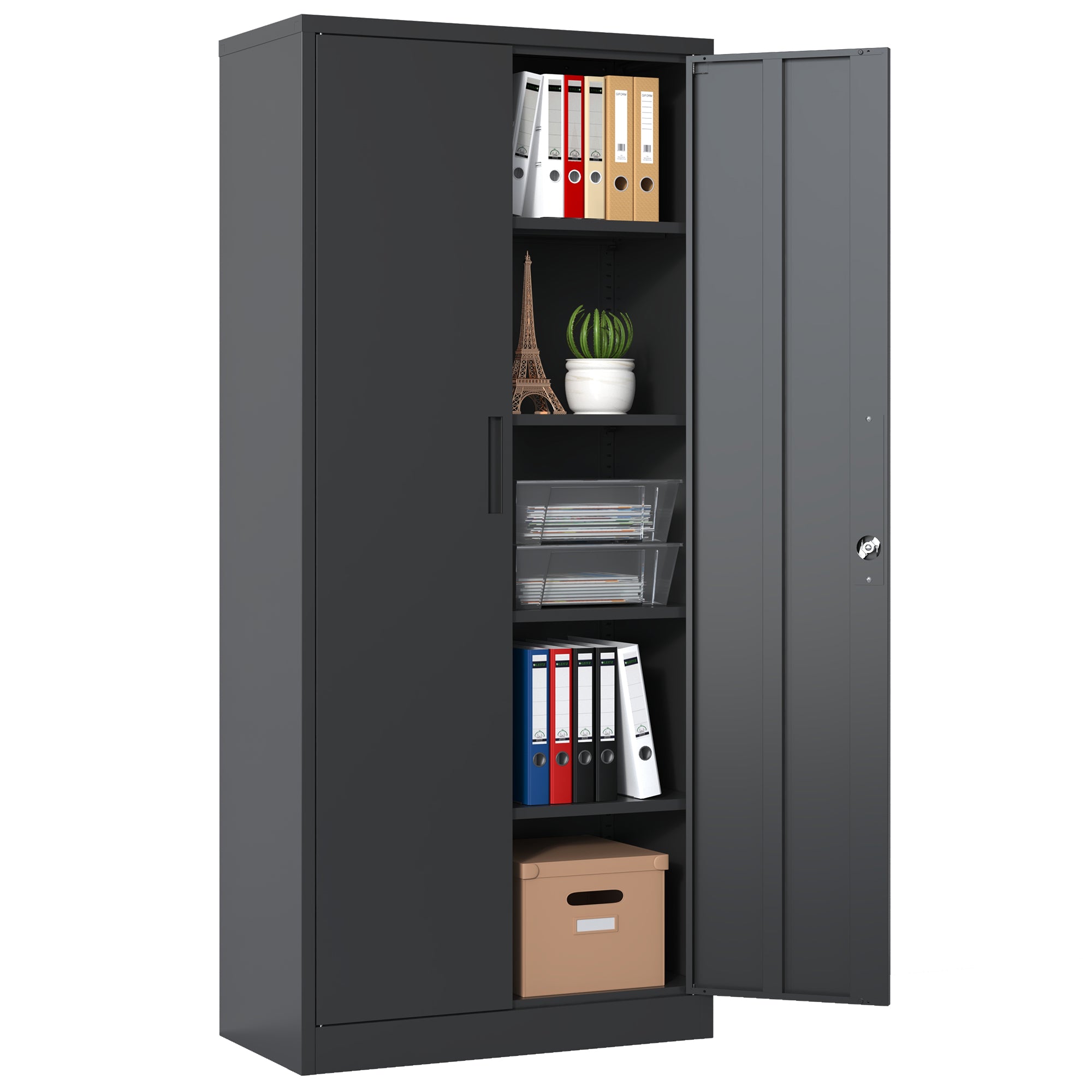 72"H Metal Garage Storage Cabinet, Black Tool Steel Locking Cabinet With Doors And 4 Shelves, Tall Cabinets For Garage Storage Systems Lockable File Cabinet For Home Office, Classroom Pantry Filing