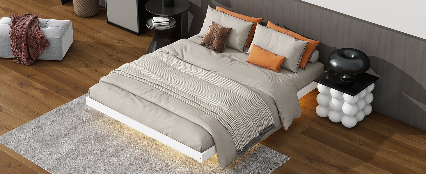 Queen Size Floating Bed With Led Lights Underneath,Modern Queen Size Low Profile Platform Bed With Led Lights,White Queen White Wood Bedroom American Design Pine Bed Frame Pine