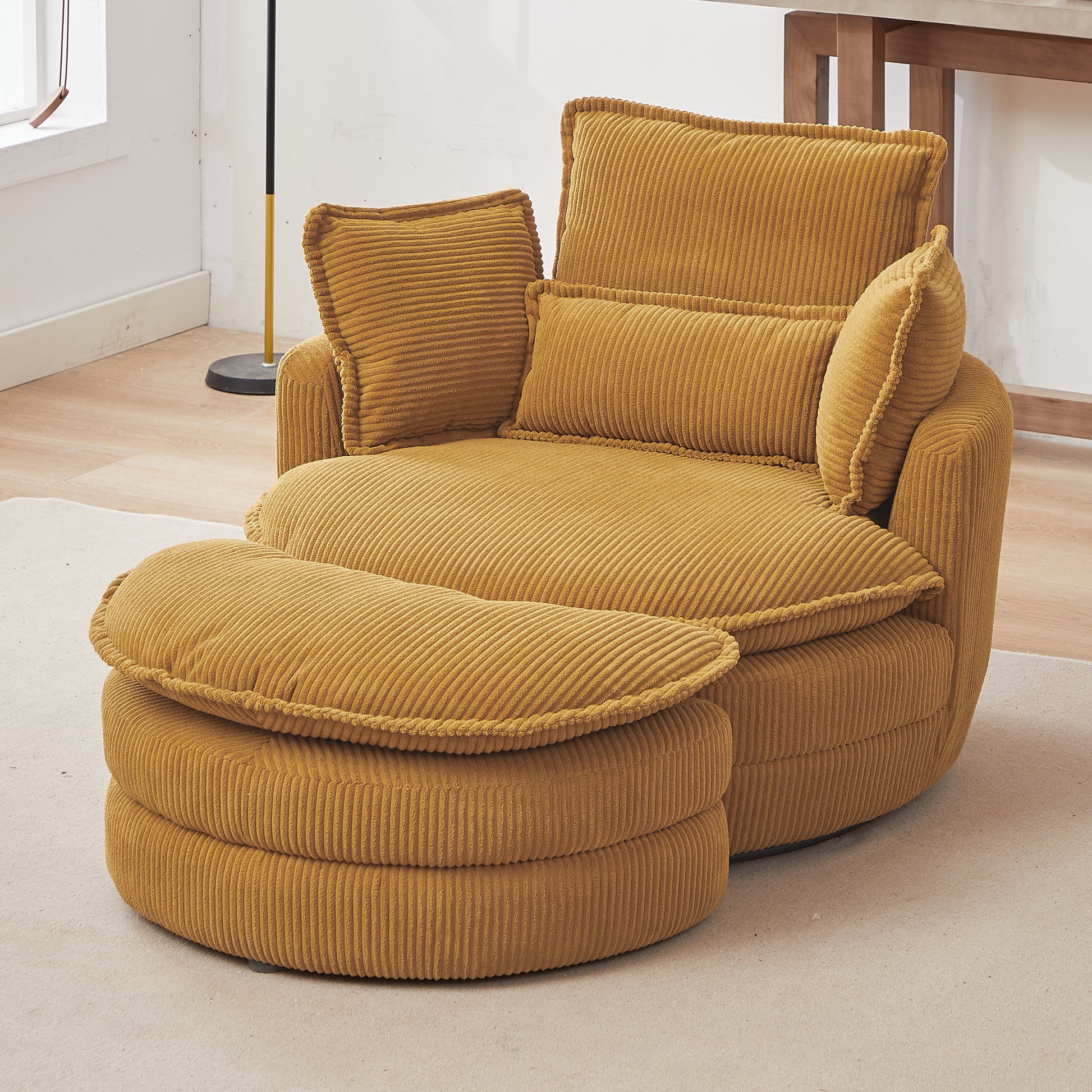 38"W Oversized Swivel Chair With Moon Storage Ottoman For Living Room, Modern Accent Round Loveseat Circle Swivel Barrel Chairs For Bedroom Cuddle Sofa Chair Lounger Armchair, 4 Pillows,Corduroy Yellow Foam Corduroy 1 Seat