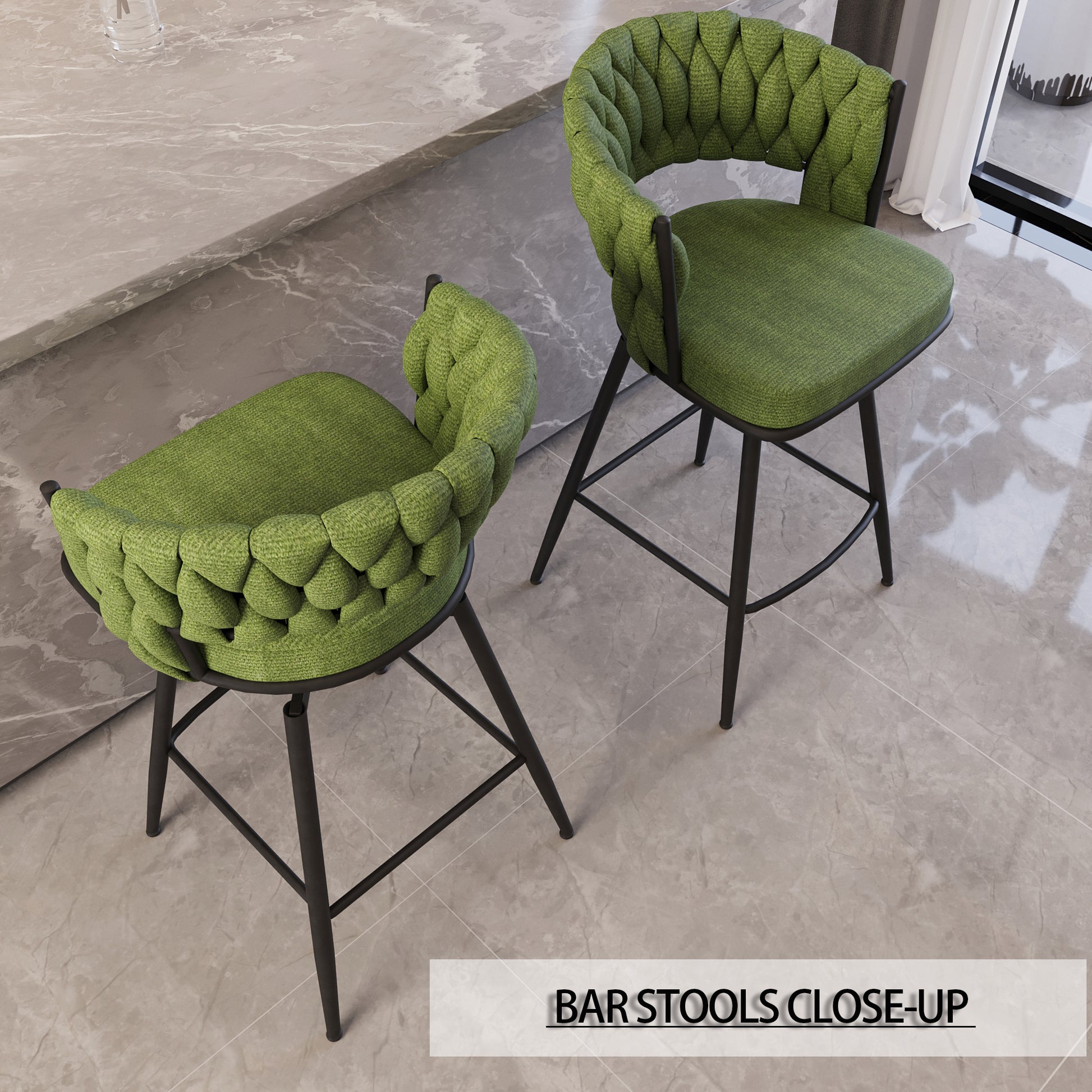 Bar Chair Suede Woven Bar Stool Set Of 4,Black Legs Barstools No Adjustable Kitchen Island Chairs,360 Swivel Bar Stools Upholstered Bar Chair Counter Stool Arm Chairs With Back Footrest, Green Metal Green Kitchen Dining Chairs Foam Technical Leather