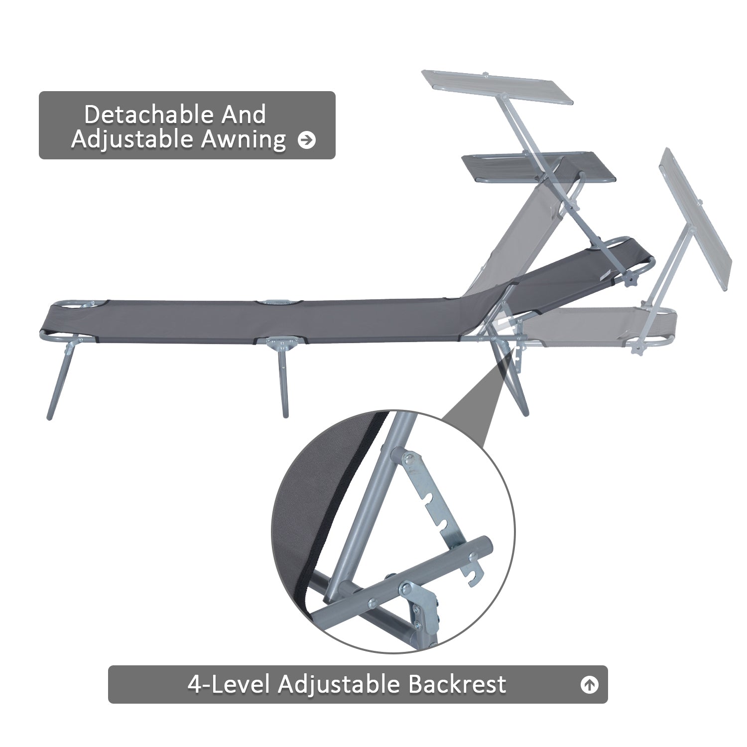 Outsunny Outdoor Lounge Chair, Adjustable Folding Chaise Lounge, Tanning Chair With Sun Shade For Beach, Camping, Hiking, Backyard, Gray Gray Steel