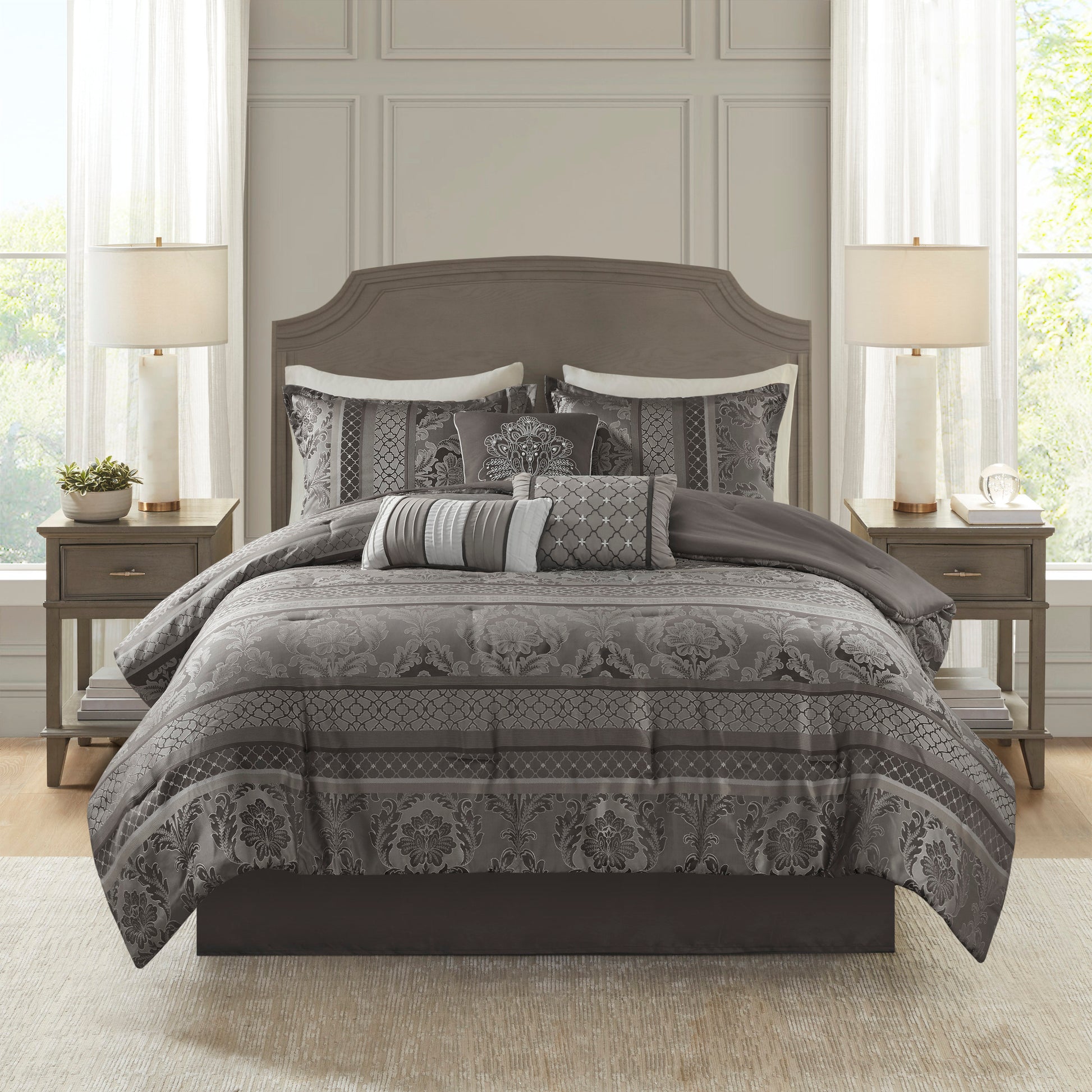 7 Piece Jacquard Comforter Set Grey Cal King California King Grey Polyester