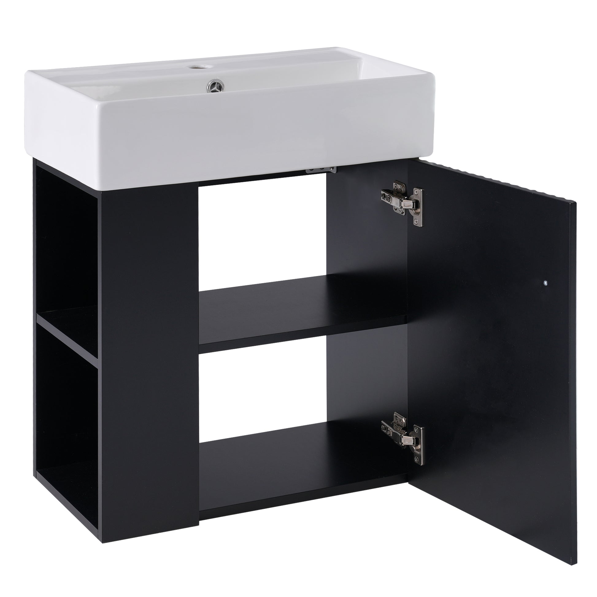 Video 21.6 Inch Modern Floating Bathroom Vanity With Ceramic Basin Perfect For Small Bathrooms, Left Side Storage Black Bathroom Ceramic Mdf