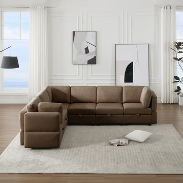 L Shaped Modular Sectional Corner Sofa Couch, 6 Seat Modular Sectional Sofa With Chaise For Living Room, Adjustable Arms And Backs Brown Brown Polyester 6 Seat