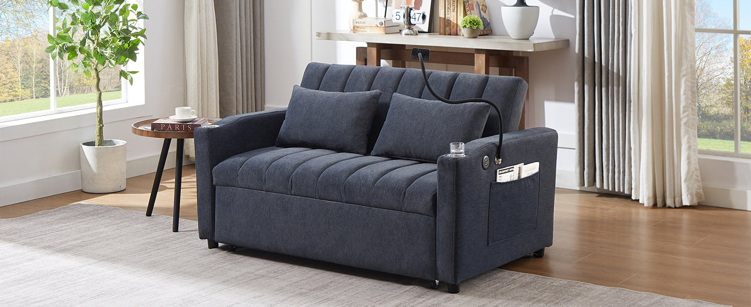 55.9" Convertible Sofa Bed Loveseat Sofa With Three Usb Ports, Two Side Pockets, Two Cup Holders And 360 Swivel Phone Holder For Living Room, Blue Grey Blue Gray Foam Polyester