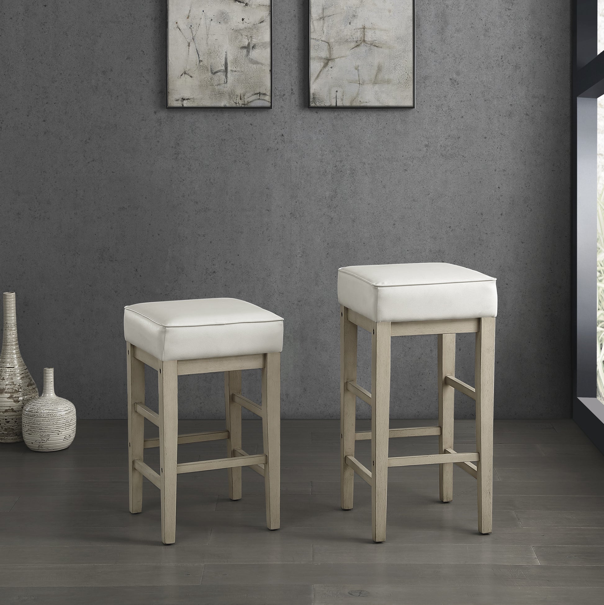 Transitional White Faux Leather Seat 24 Inch Counter Height Stools Set Of 2, White Finish Solid Wood Frame White White Dining Room Transitional Solid Wood