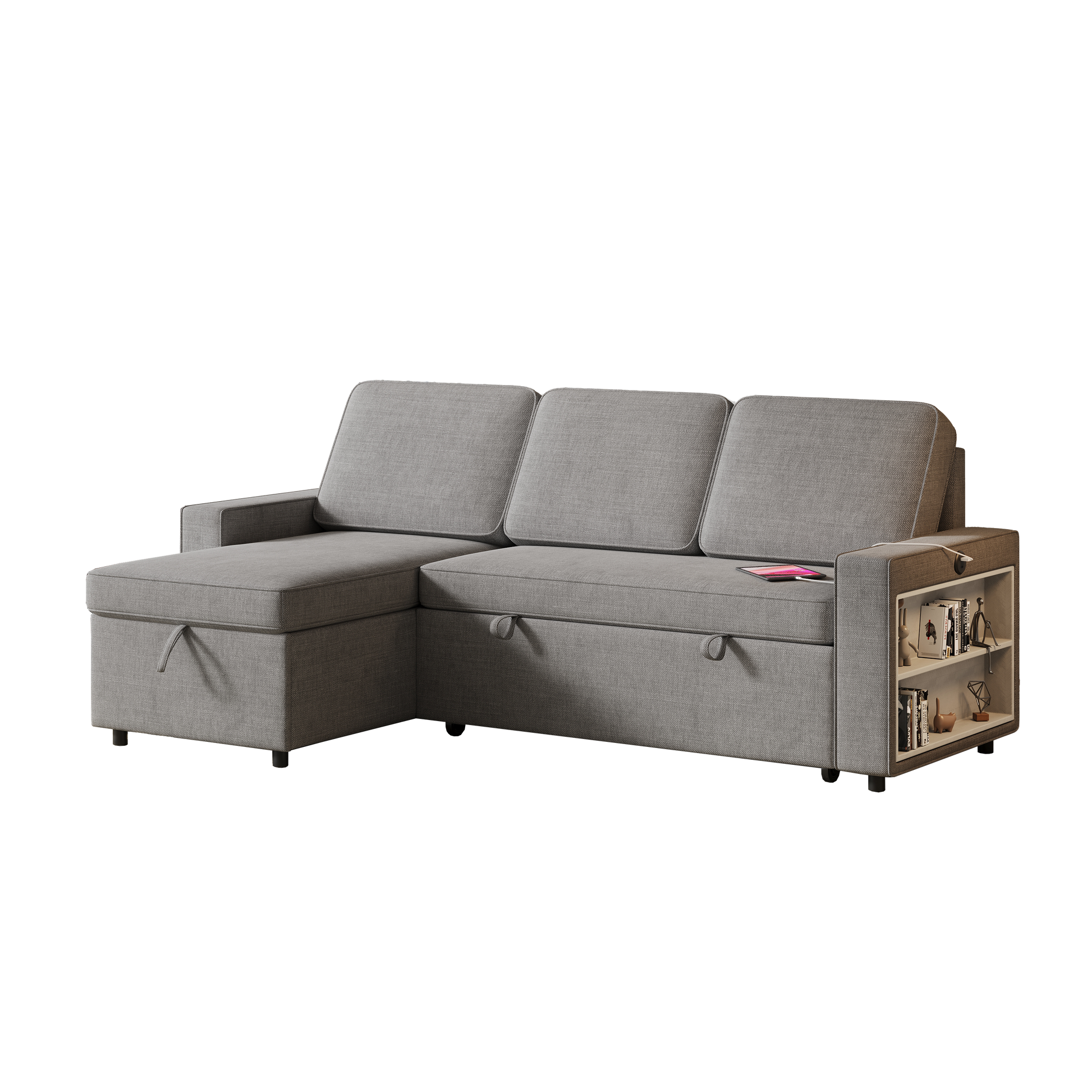 85.8" Pull Out Sleeper Sofa L Shaped Couch Convertible Sofa Bed With Storage Chaise And Storage Racks,With Usb Port And T Pyce Port Dark Grey Fabric 3 Seat