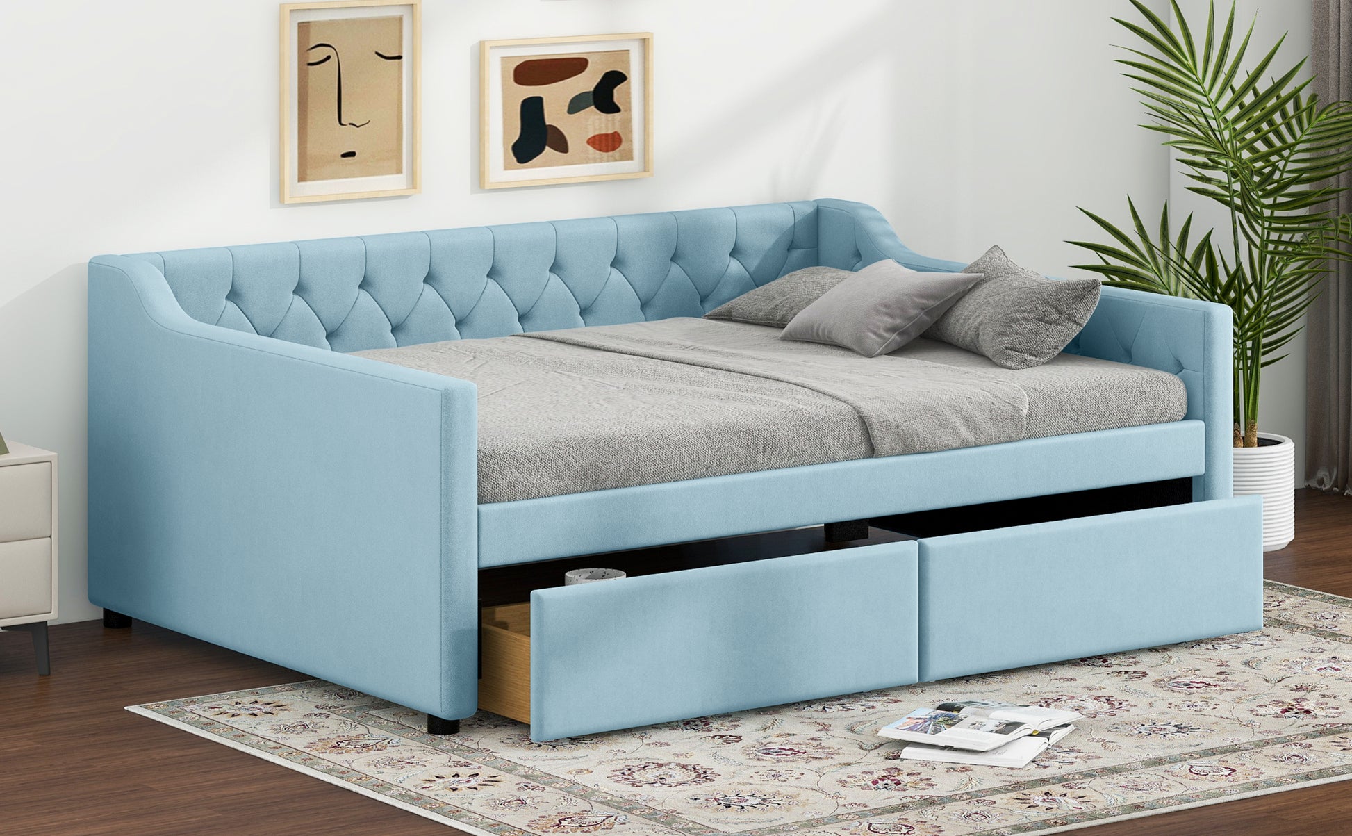 Full Size Upholstered Tufted Daybed With 2 Drawers, Blue Box Spring Not Required Full Blue Wood Daybeds Velvet Upholstered