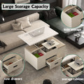 Modern Lift Up Coffee Table With 4 Stools Set For Living Room Expandable 1 Hidden Storage 2 Drawers Space Saving Folding Dining Table White Mdf
