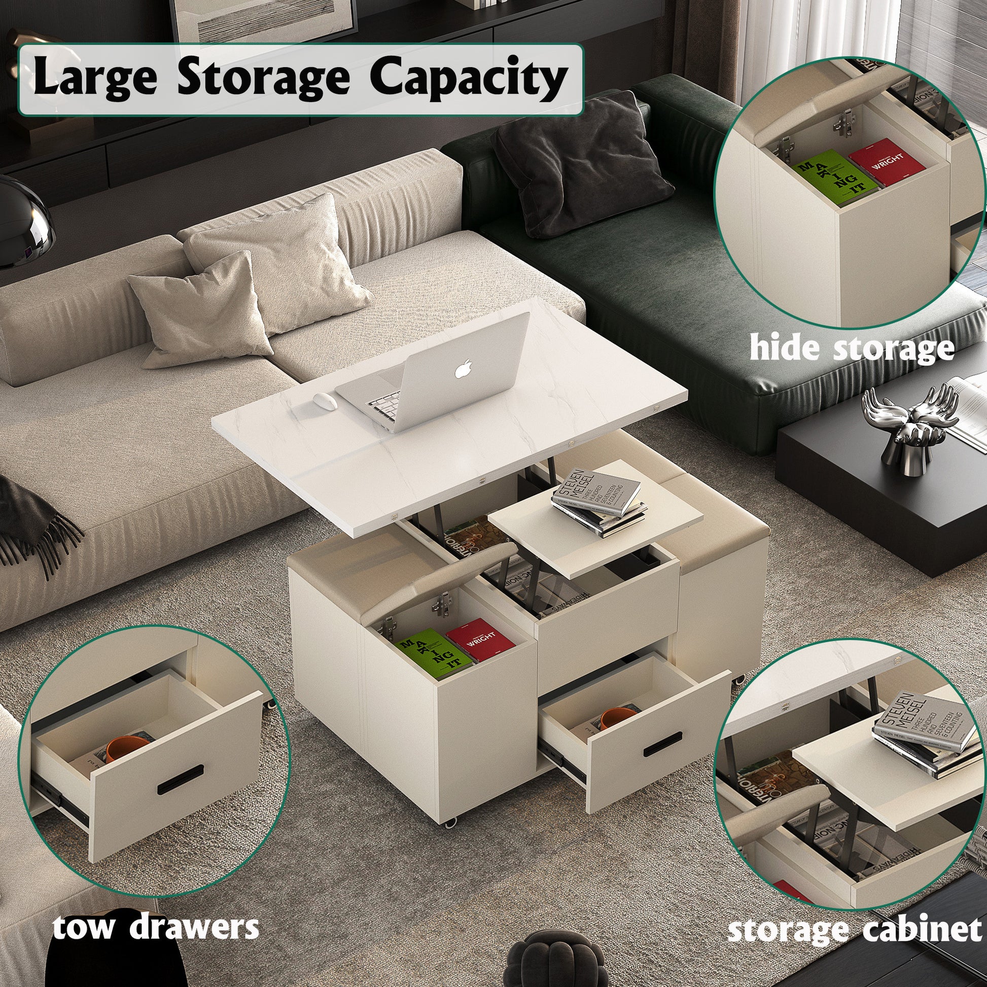Modern Lift Up Coffee Table With 4 Stools Set For Living Room Expandable 1 Hidden Storage 2 Drawers Space Saving Folding Dining Table White Mdf