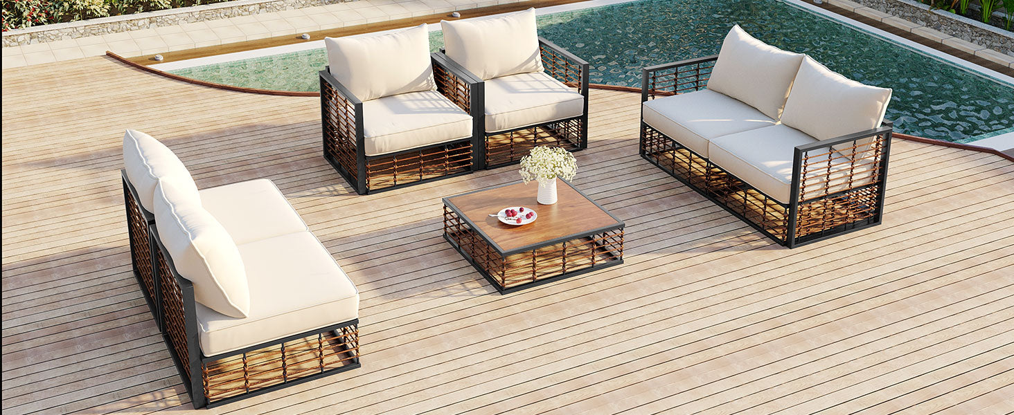 Modern Minimalist 7 Piece Metal Patio Sectional Sofa Set, All Weather Garden Conversational Furniture Set With Thick Cushions And Coffee Table For Indoor Outdoor, Gray Yes Deep Seating White Weather
