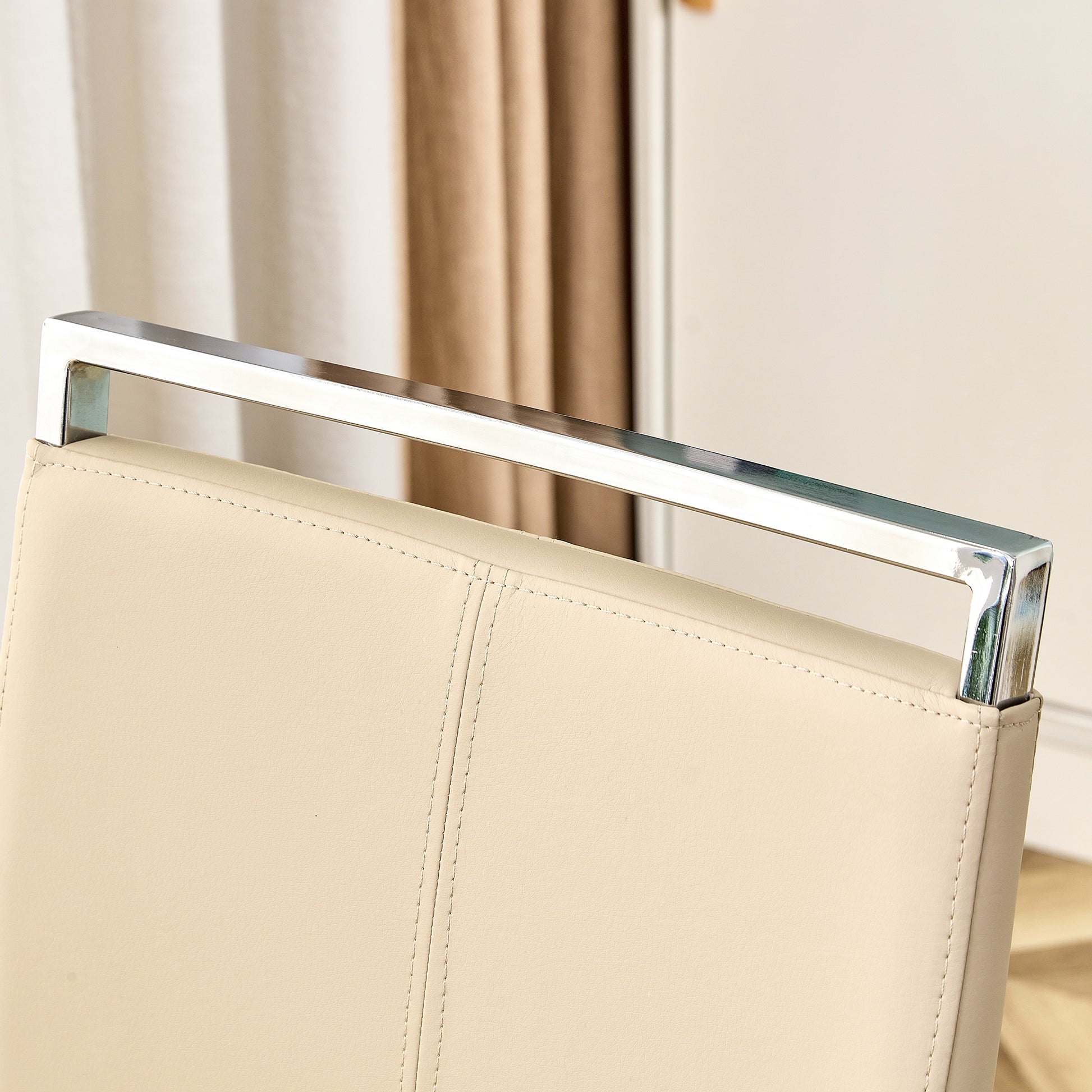 Table And Chair Set.Modern Minimalist Luxury Mdf Rectangular Dining Table With Light Yellow Textured Stickers On The Table, 6 Pu Synthetic Leather High Backrest Soft Cushioned Side Chairs. Light Yellow Seats 6 Mdf