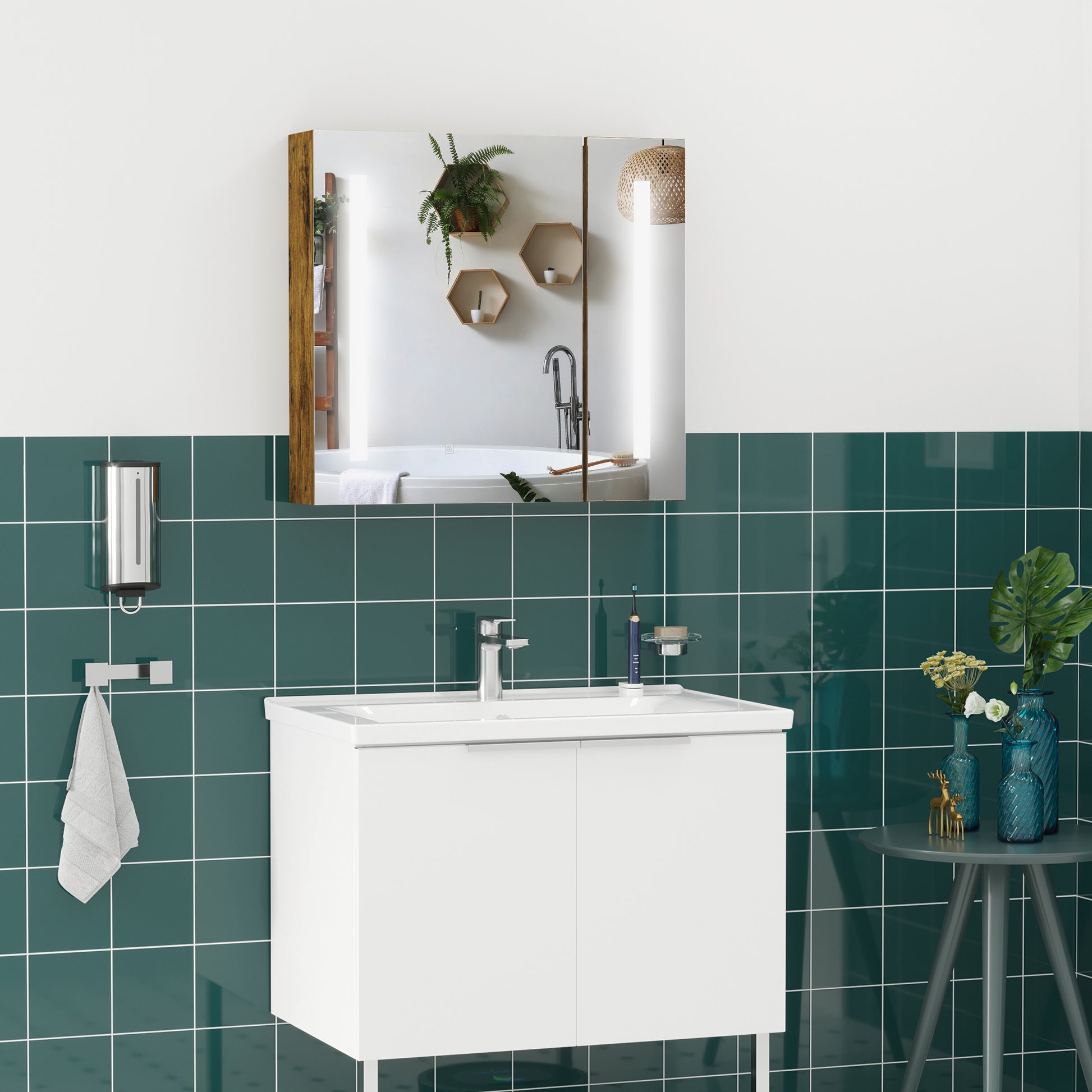 Kleankin Lighted Medicine Cabinet With Mirror, 27.5" X 25.5" Wall Mounted Dimmable Bathroom Mirror Cabinet With 3 Tier Storage Shelves, Led Lights, Smart Touch And Usb Charge, Dark Wood Grain Rustic Brown Mdf