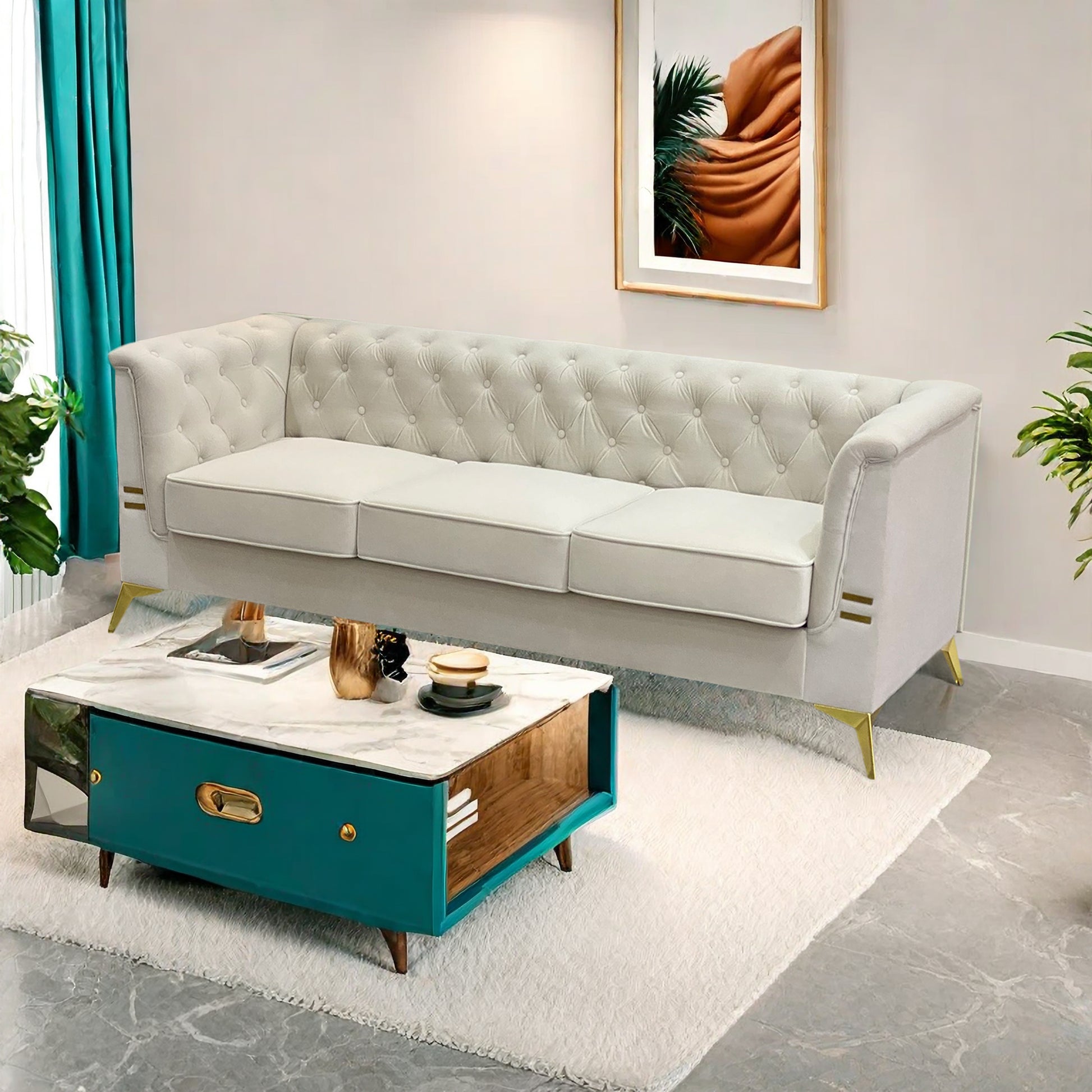 Fx P83 Cw Sofa Modern Velvet Living Room Chesterfield Design 82.7Inch Wide Sofa Cream White Color Beige Velvet 3 Seat