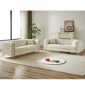 Chenille Pull Buckle Design Sofa For Living Room,Buttons Tufted With Copper Nail Decoration Armrest, Modern Couch Upholstered Button And Metal Legs Beige Foam Chenille 6 Seat