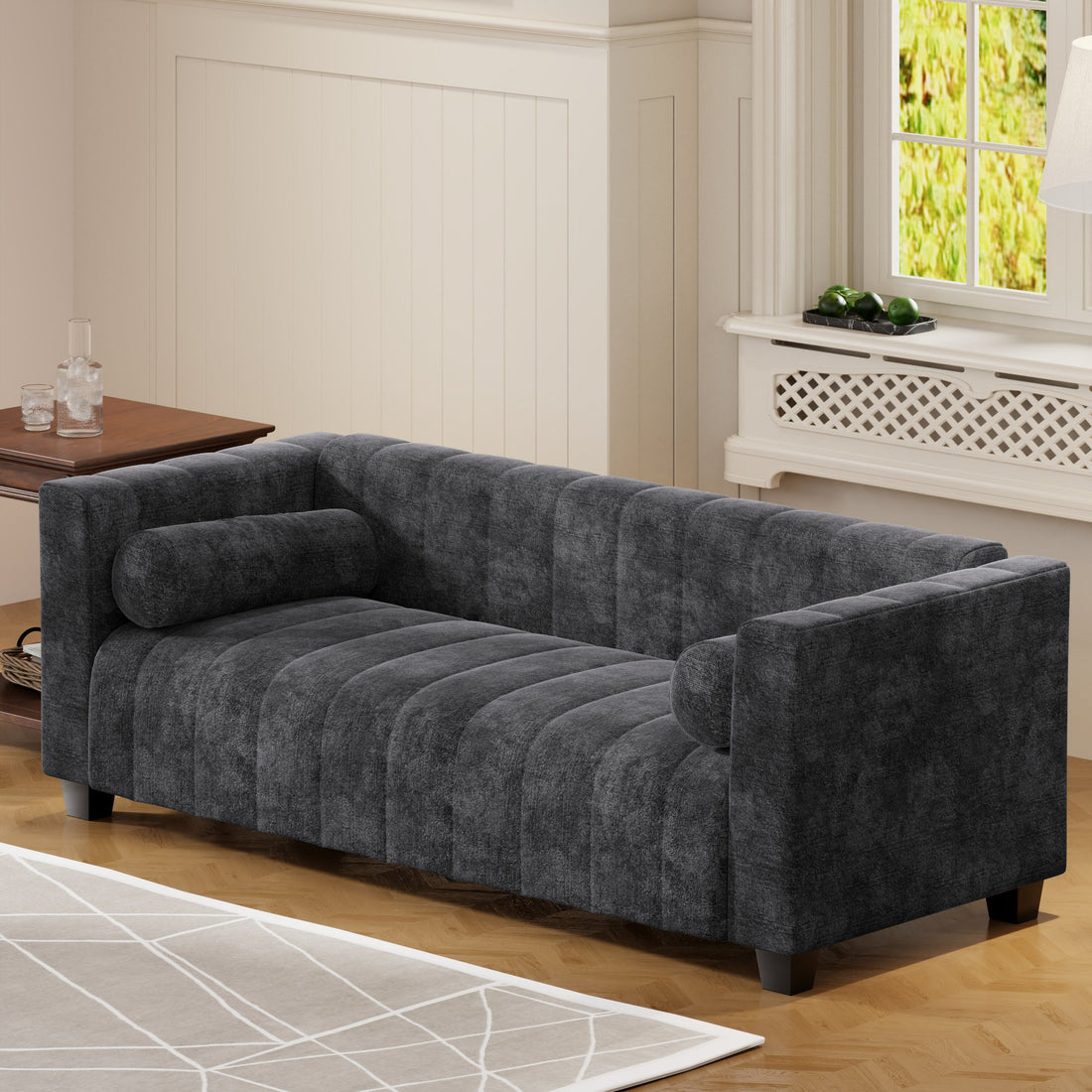 78.7''Upholstered Sofa For Living Room, Bedroom, Salon, Simplified Style Dark Gray Polyester 3 Seat