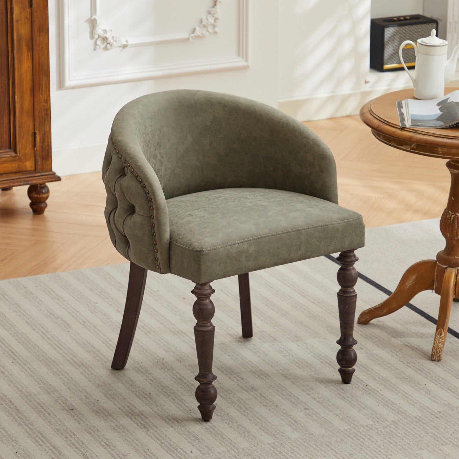 Hand Pulled Buckle Decoration Pu Dining Chair,Accent Leisure Chair, Mid Century Modern Arm Chair With Solid Wood Armrests And Legs, 1 Seat Cushioned Sofa For Living Room Bedroom,Olive Green Color Olive Green Primary Living Space American Design