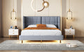 Queen Size Upholstered Platform Bed With Led Lights And U Shaped Headboard, Linen Fabric, Gray Queen Gray Wood Metal