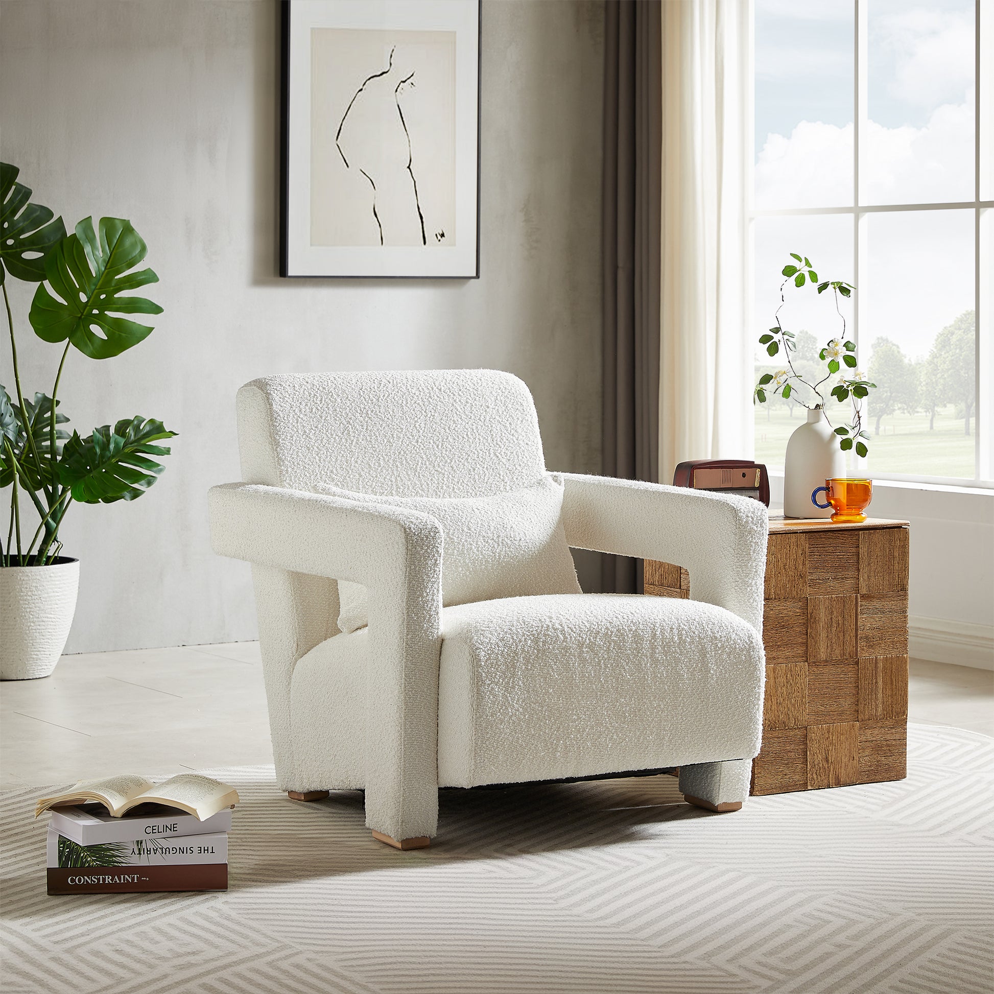 Mirod Sleek Right Angle Armrests, Ergonomic Lumbar Support, Square Wooden Block Legs, Inclined Seat For Comfort, Artistic Statement Piece For Living Room,Bedroom And Study White Boucle