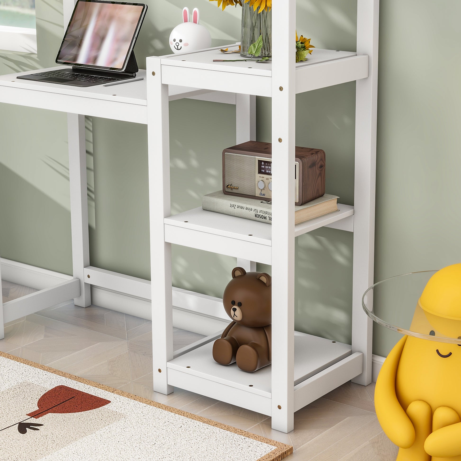 House Shaped Wooden Writing Desk,Kids Study Table,Bookshelf & Toy Storage,White Twin White American Design Pine