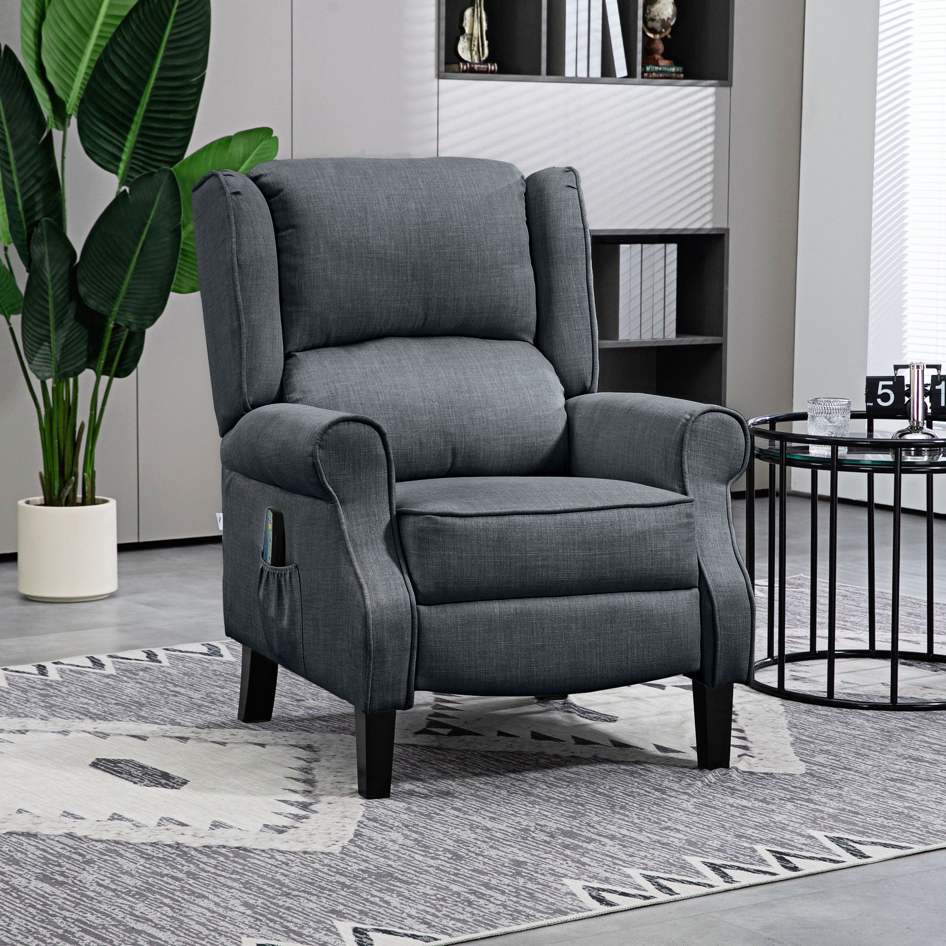 Homcom Vibrating Massage Recliner Chair For Living Room, Reclining Wingback Single Sofa With Heat, Linen Fabric Push Back Accent Chair With Footrest, Side Pocket, Charcoal Gray Charcoal Grey Linen
