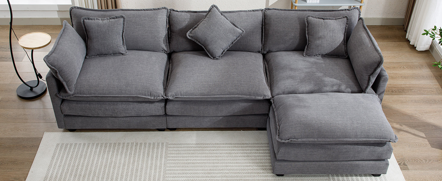 112.2" L Shape Chenille Upholstered Sofa For Living Room Modern Luxury Sofa Couch With Ottoman, 5 Pillows, Gray Gray Foam 4 Seat