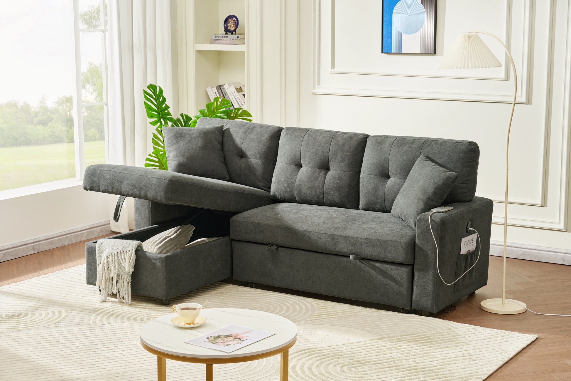 Sectional Sofa Bed L Shaped Sofa Couch Bed With Usb Port, Reversible Sofa Couch Sleeper With Pull Out Bed, Chaise With Storage, Pull Out Couch For Living Room Dark Gray Wood Fabric 3 Seat