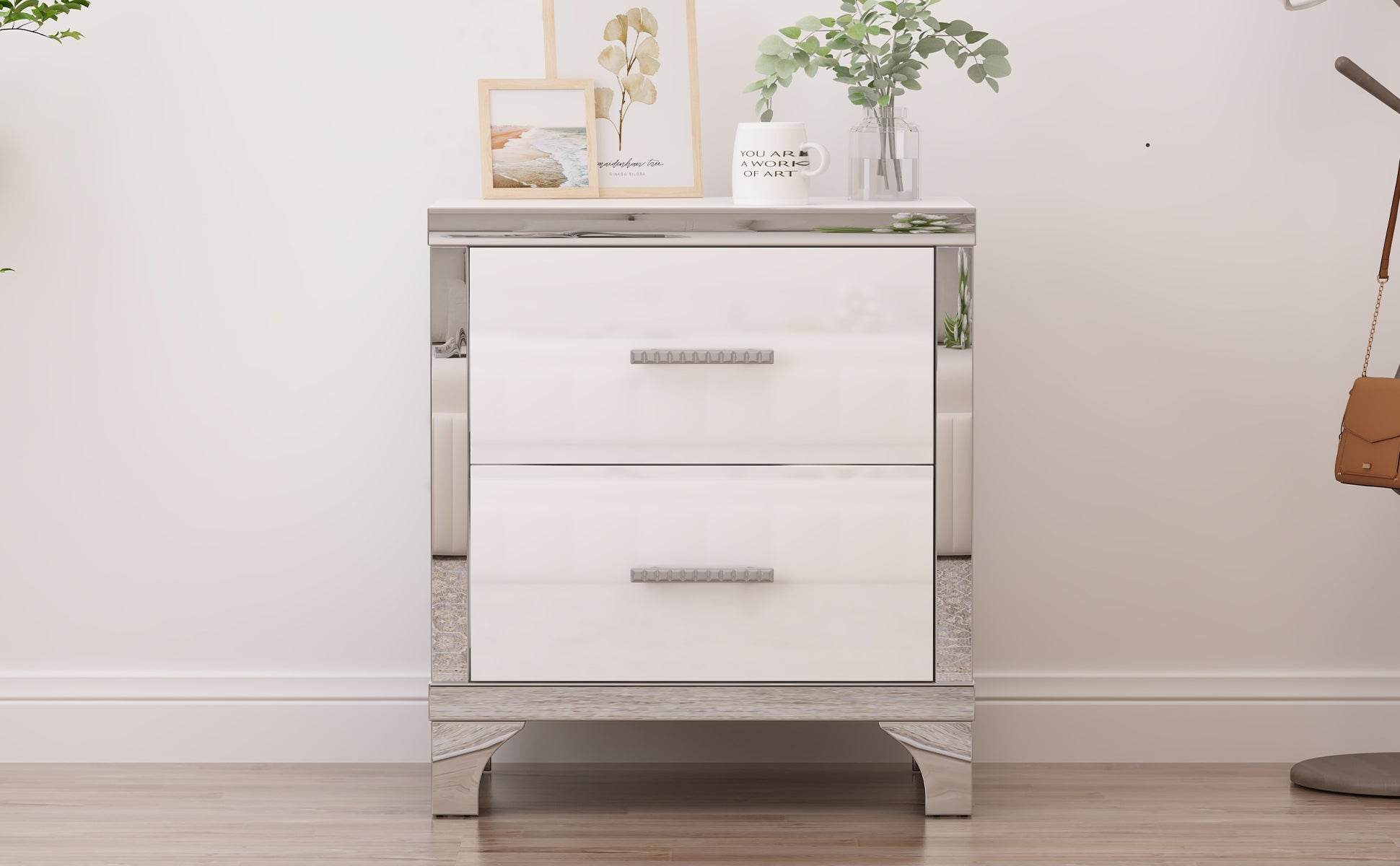 Elegant High Gloss Nightstand With Metal Handle,Mirrored Bedside Table With 2 Drawers For Bedroom,Living Room,White White Particle Board