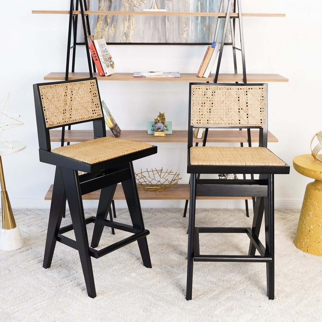 Keira Rattan Bar Stool Set Of 2 Black,Rattan Rattan,Solid Wood