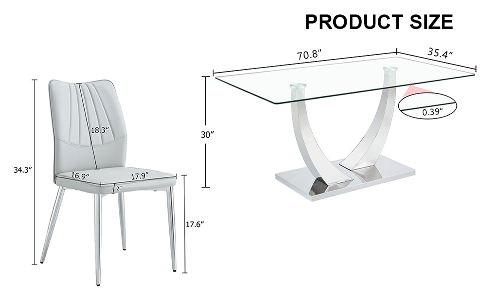 Table And Chair Set.Contemporary, Minimalist Rectangular Dining Table Featuring A Clear Tempered Glass Top And Sleek Silver Legs. Paried With Chairs Made Of Pu Material Cushion And Silver Metal Legs. Light Gray Seats 6 Glass Metal