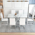 Table And Chair Set.Modern Luxurious Transparent Tempered Glass Dining Table Set.Paried With 6 Chairs With Pu Cushion And Silver C Tube Metal Legs. Transparent,White Seats 6 Glass Metal
