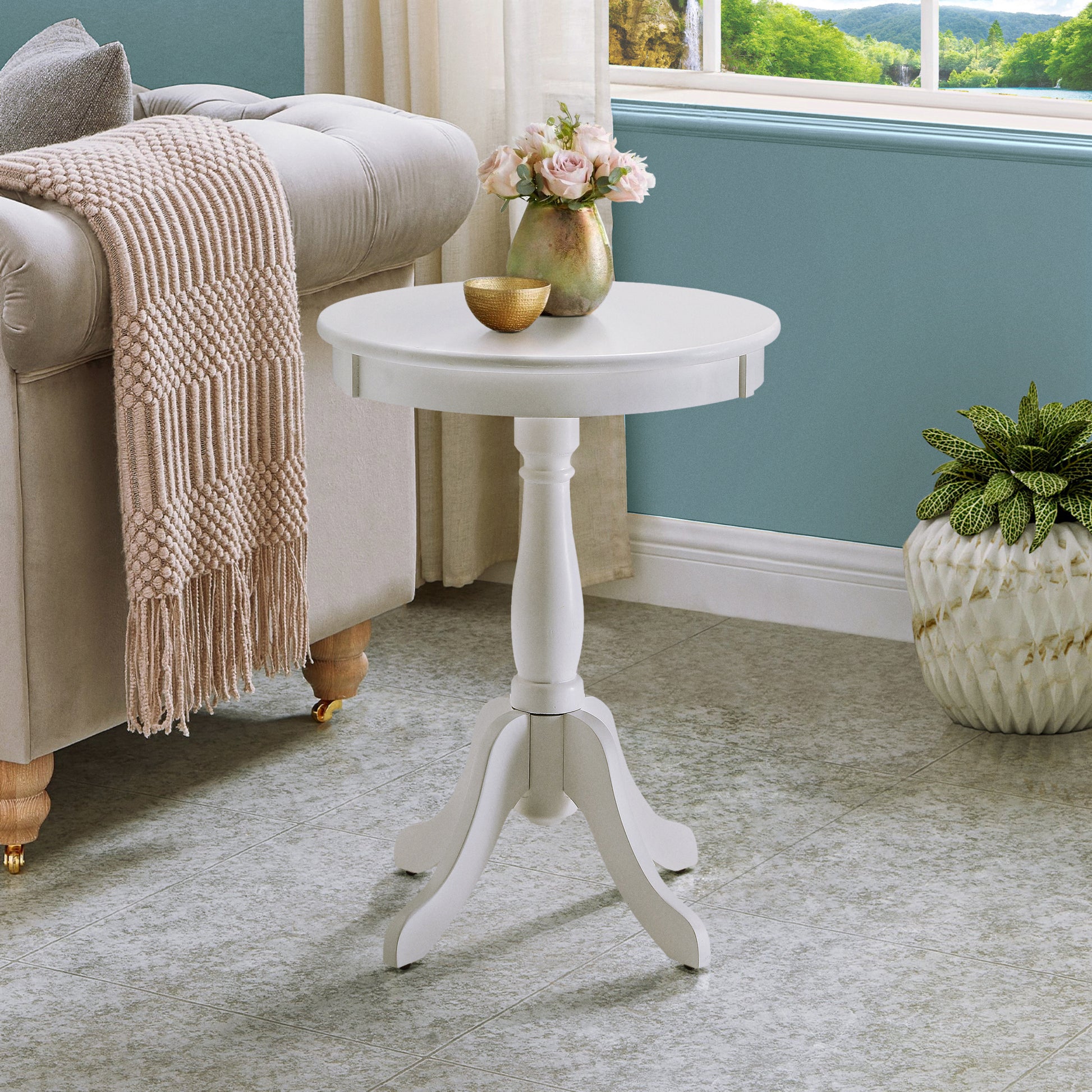 White Side Table With Turned Pedestal White White Primary Living Space Traditional Round Wood Pedestal