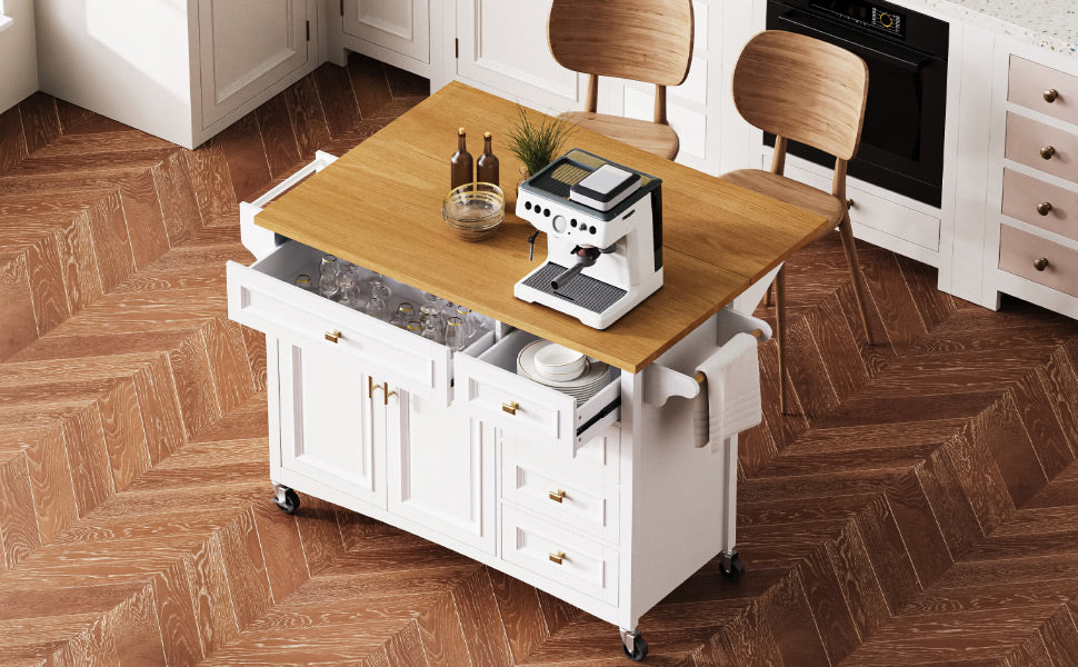 K&K 52'' Kitchen Island With Drop Leaf, Embossed Texture Kitchen Island On Wheels With Spice Rack, Towel Rack, 2 Doors And 5 Drawers, Kitchen Storage Cart With Adjustable Shelf For Kitchen, White