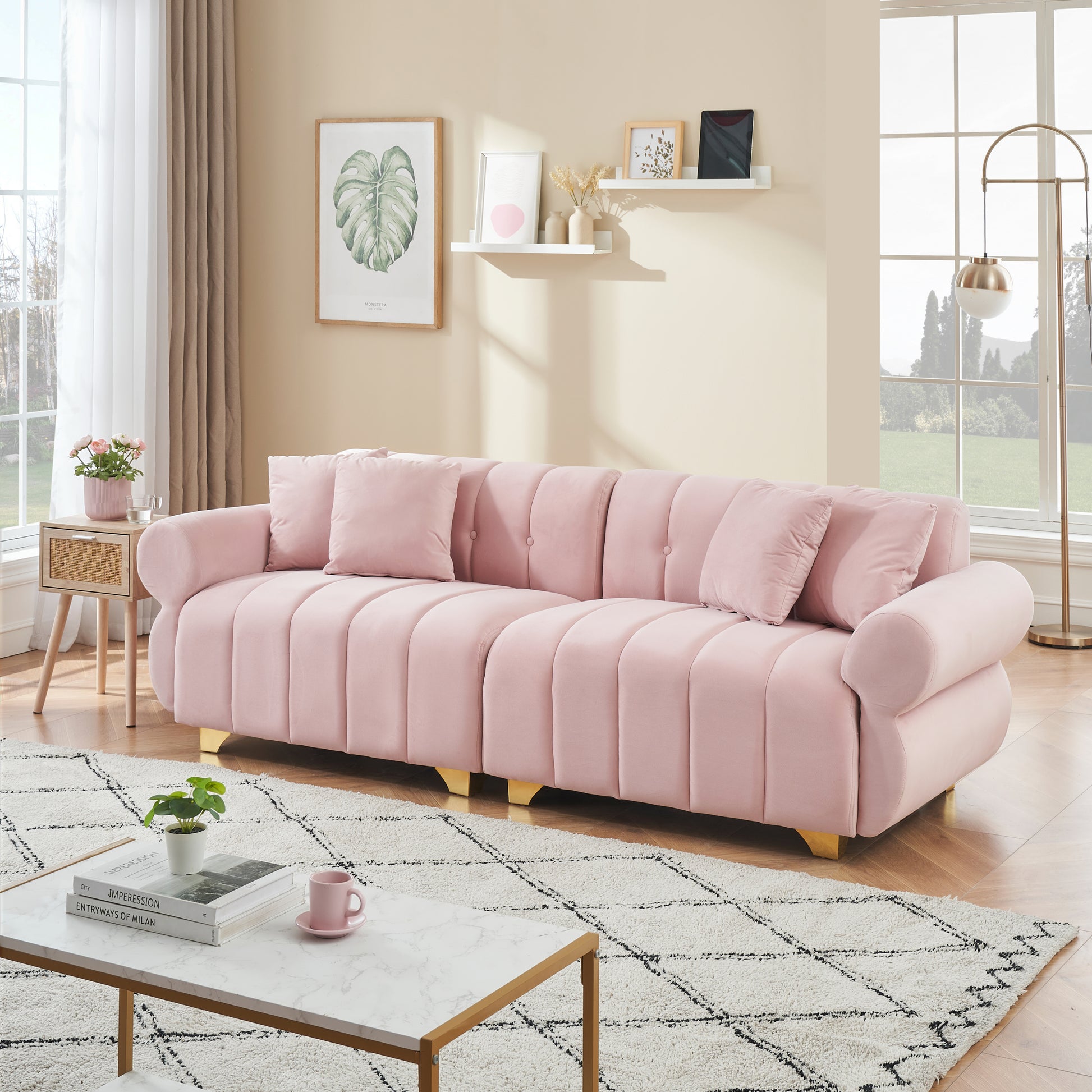 89 Inch Spring Wrapped Cushions, 3 Flannelette Sofas, Stylish Metal Feet And 4 Throw Pillows Make For A Modern Living Room Bedroom Pink Velvet 3 Seat