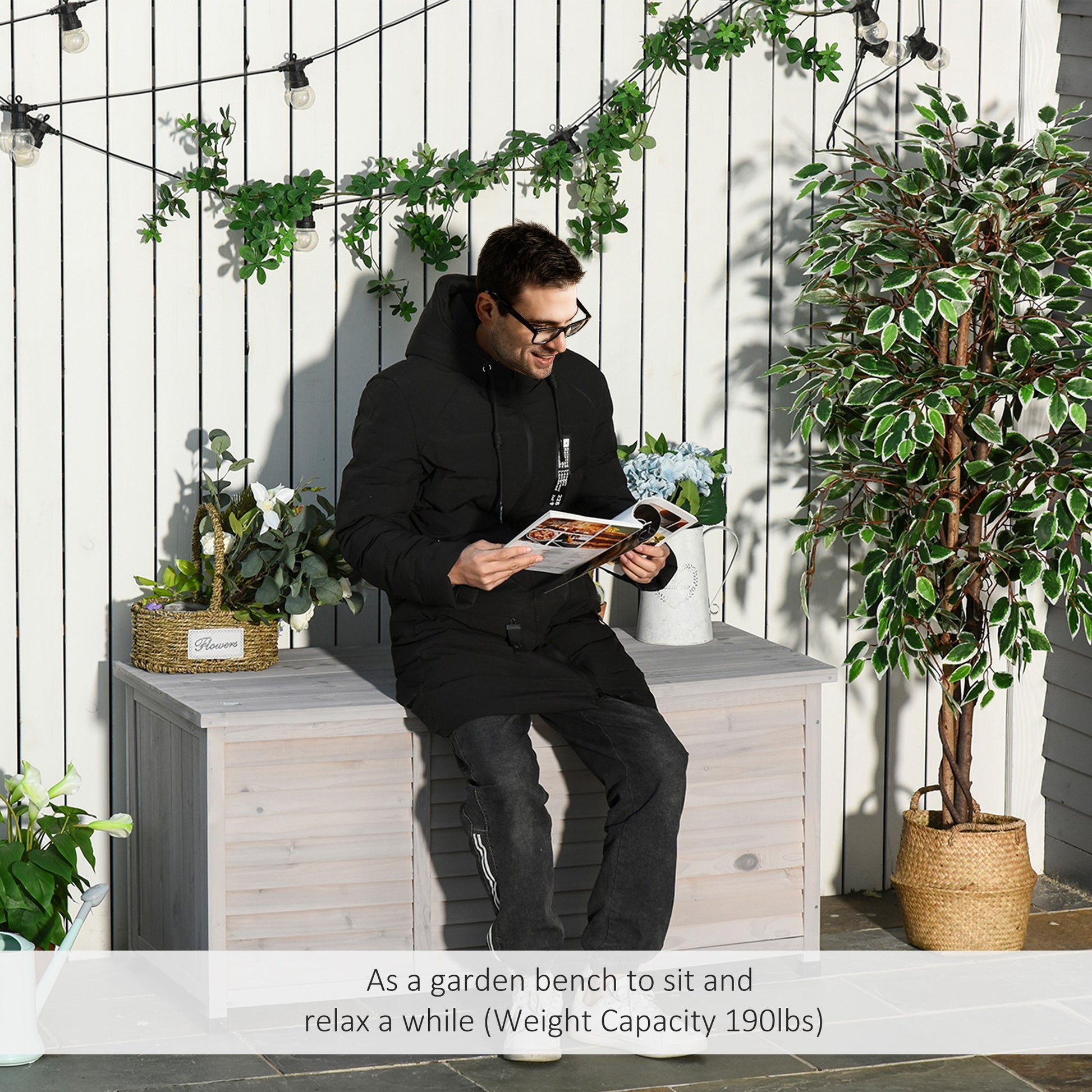 Outsunny 75 Gallon Wooden Deck Box, Outdoor Storage Container With Aerating Gap & Weather Fighting Finish, Grey Grey Wood