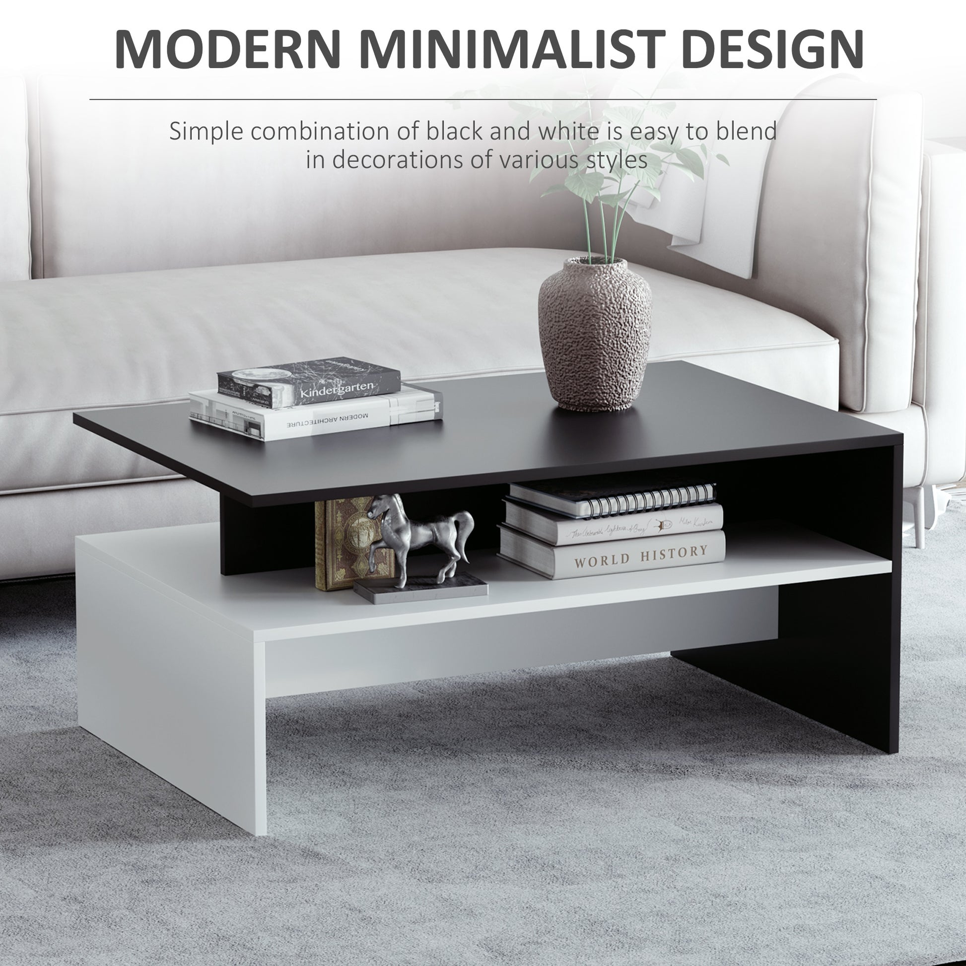 Homcom Modern Coffee Table, 2 Tier Rectangular Center Table With Storage Shelves For Living Room, Black White White Black Engineered Wood