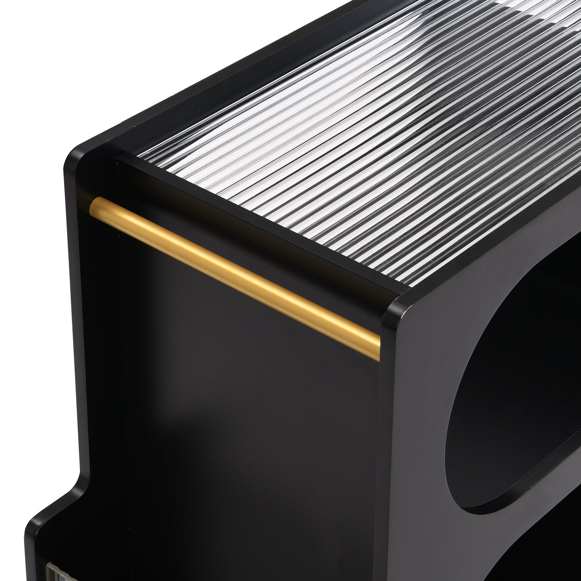 Mobile End Table With Lockable Wheels, Narrow Coffee Table With 5Mm Thick Fluted Tempered Glass, Modern Nightstand With Golden Round Rod, Living Room, Black, 31.5''W X11.8''D X 23.1''H Black Primary Living Space Mdf