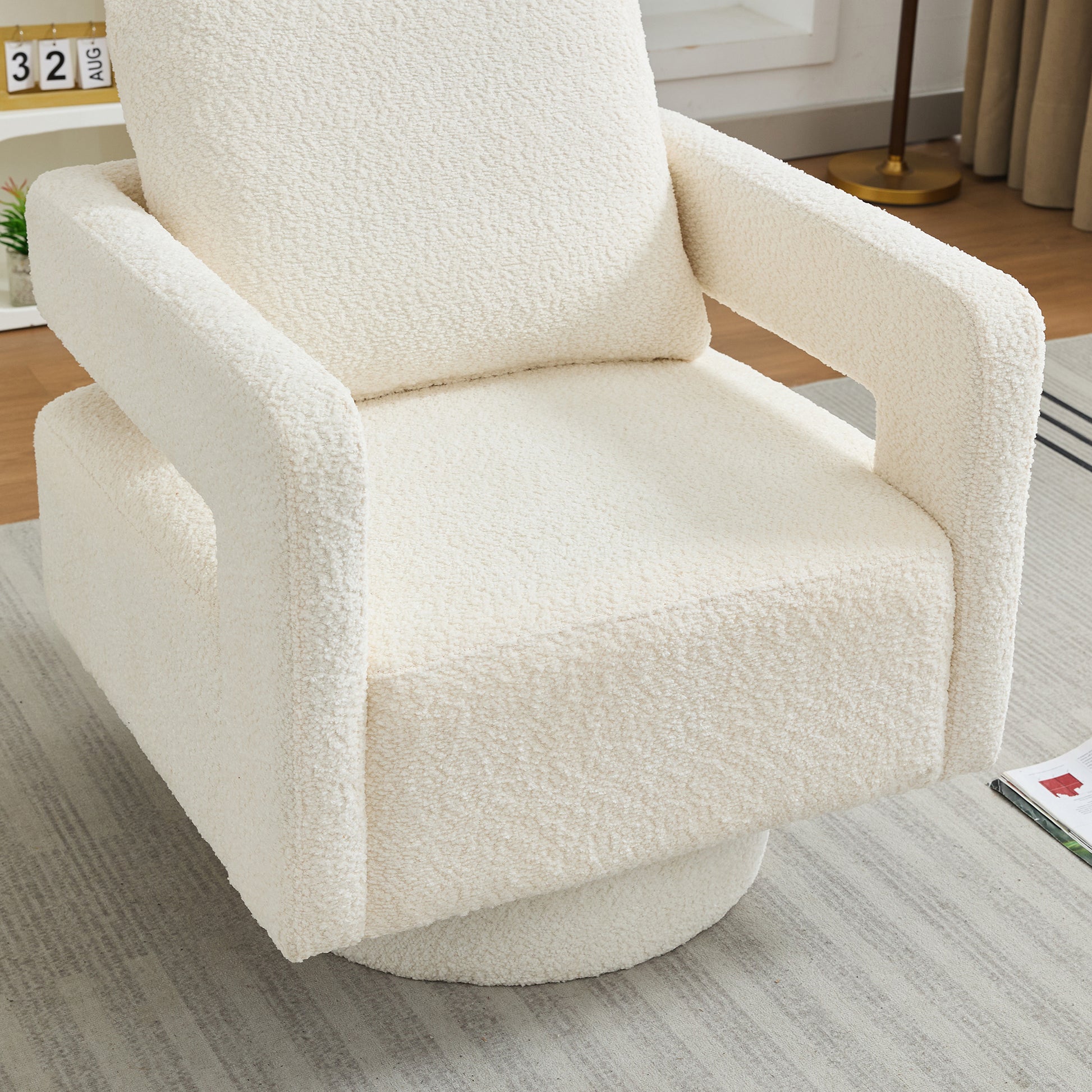 29.13" W Square Swivel Accent Chair, Modern Rotating Arm Chair With Open Back,360 Degree Rotation, Lounge Club Chair With Removable Back Cushion For Living Room, Hotel, Bed Room,Beige Beige Boucle