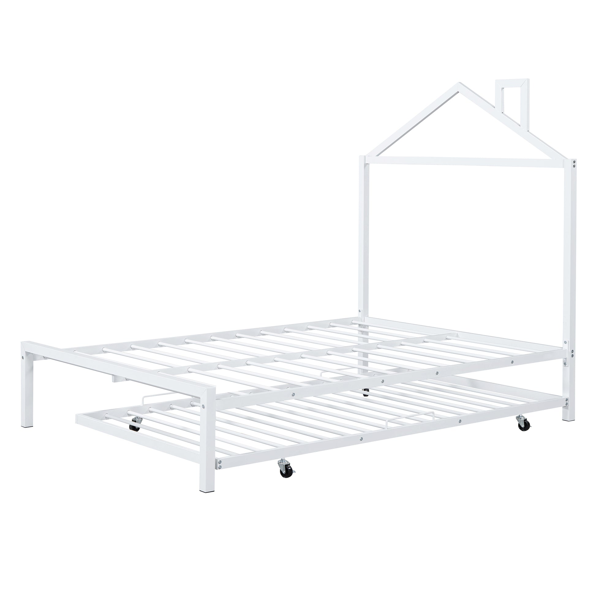 Full Size Metal Platform Bed With Twin Size Trundle,House Shaped Headboard Design, White Full White Metal