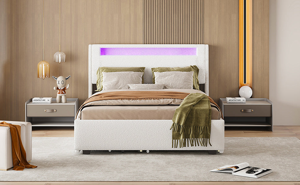 Full Size Upholstered Platform Bed With Led Frame, With Twin Size Trundle And 2 Drawers, Teddy Fleece, White White Fleece