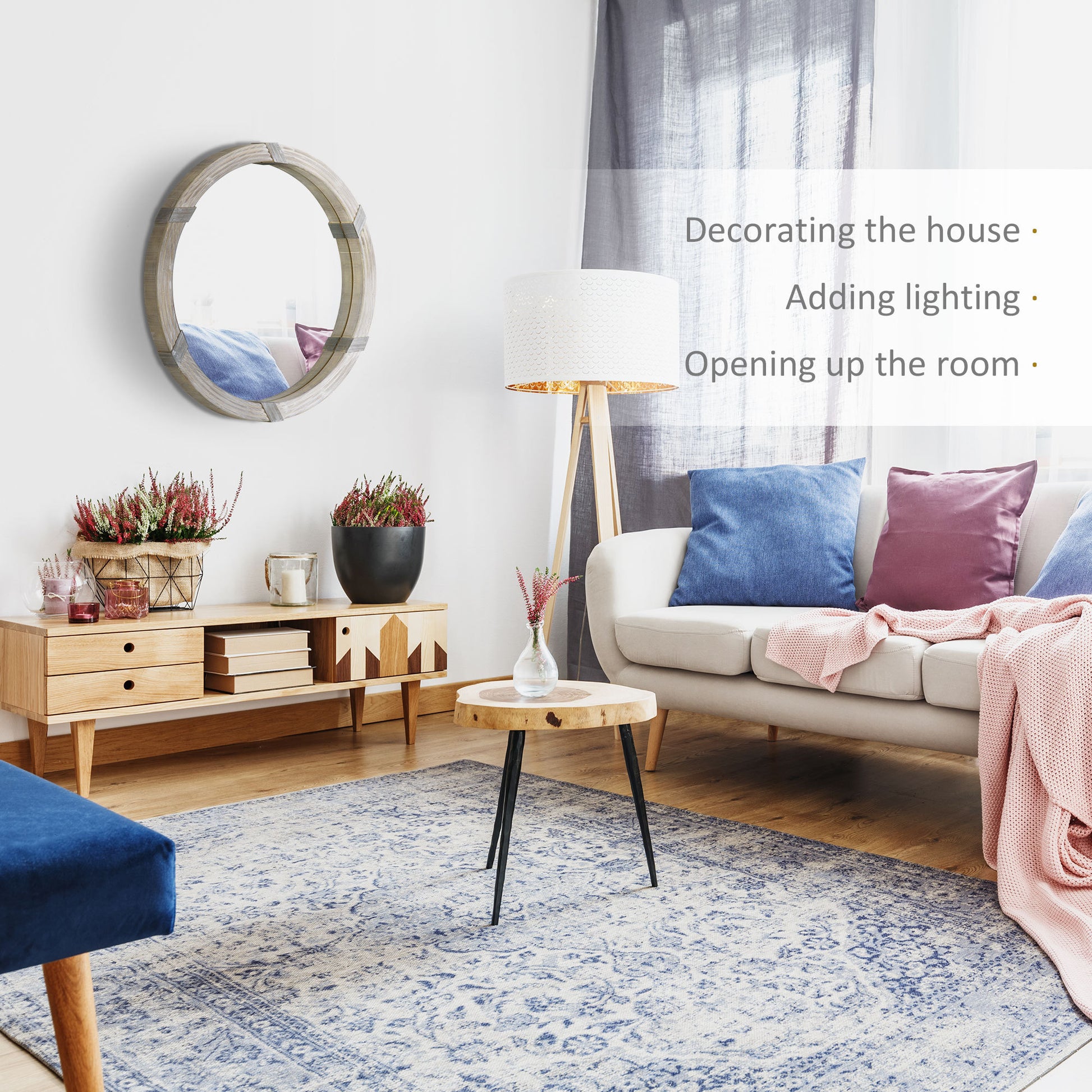 Homcom 30.75" Wood Wall Mirror, Farmhouse Decorative E Round Mirror For Wall Decor In Living Room, Bedroom, Natural Wood Color Natural Wood Mdf