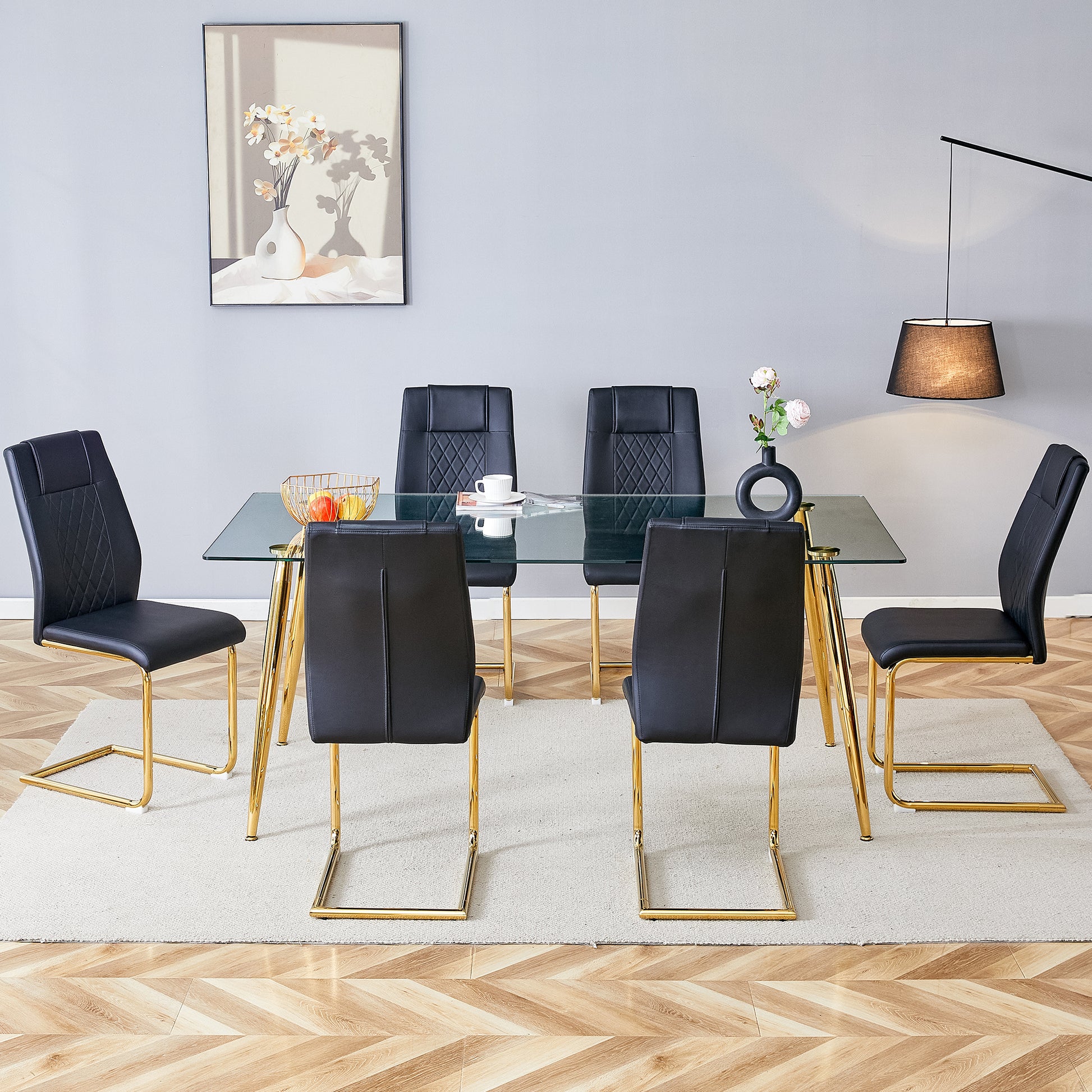 Table And Chair Set.Modern Rectangular Glass Dining Table With A Tempered Glass Tabletop And Metal Legs, Paired With Multiple Chairs Designed With Pu Cushions And Golden Metal Legs. Black Gold Seats 6 Tempered Glass