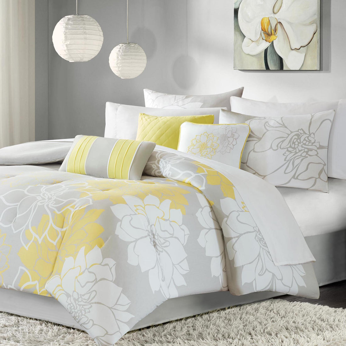 Printed Cotton Sateen Comforter Set Taupe Grey Yellow King King Yellow Grey Polyester
