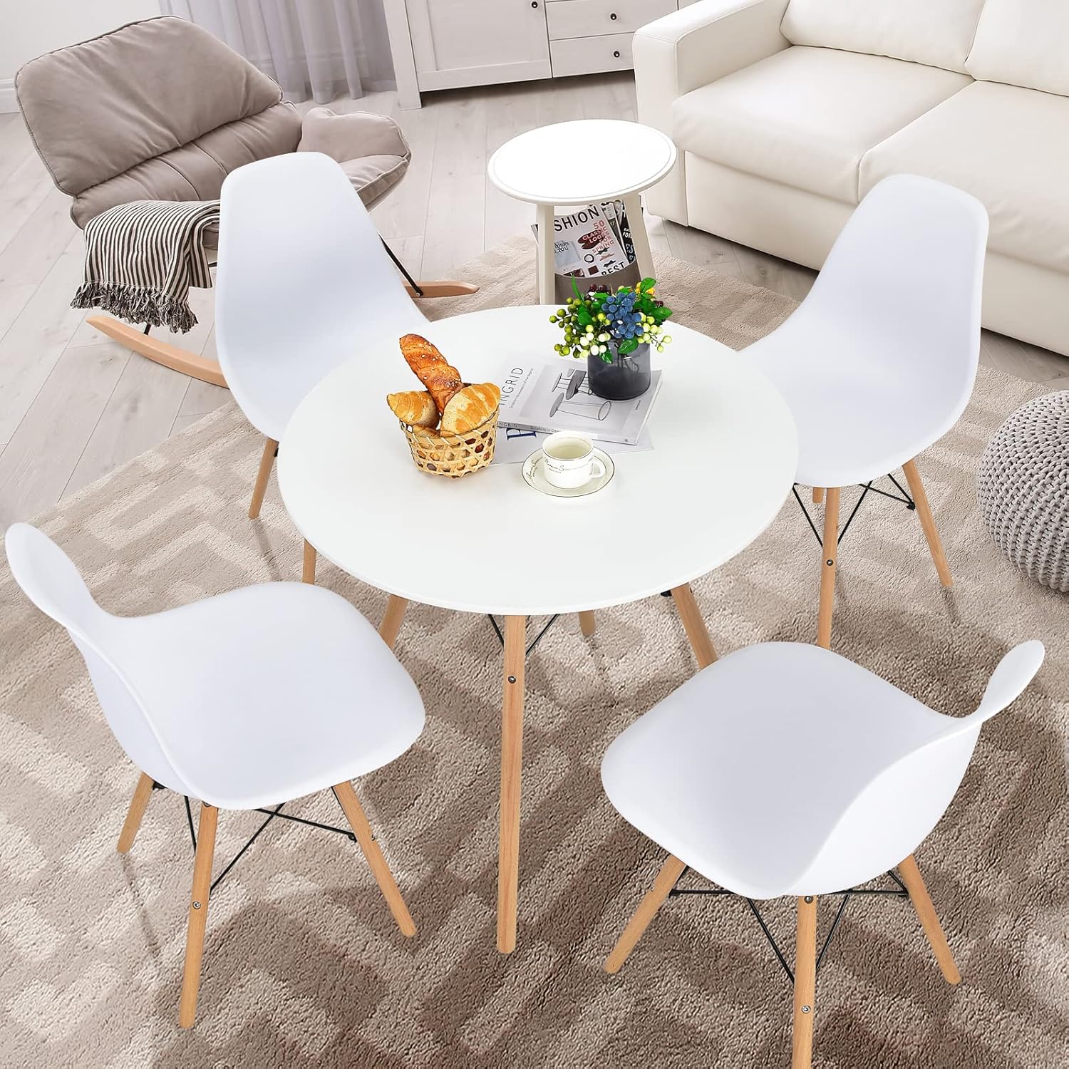 31.5" Round Dining Table Kitchen Table White Dining Table With White Mdf Desktop And Solid Wood Legs .Modern Style Coffee Table Leisure Dining Room Round Table For Kitchen Living Room White Kitchen Round Mdf